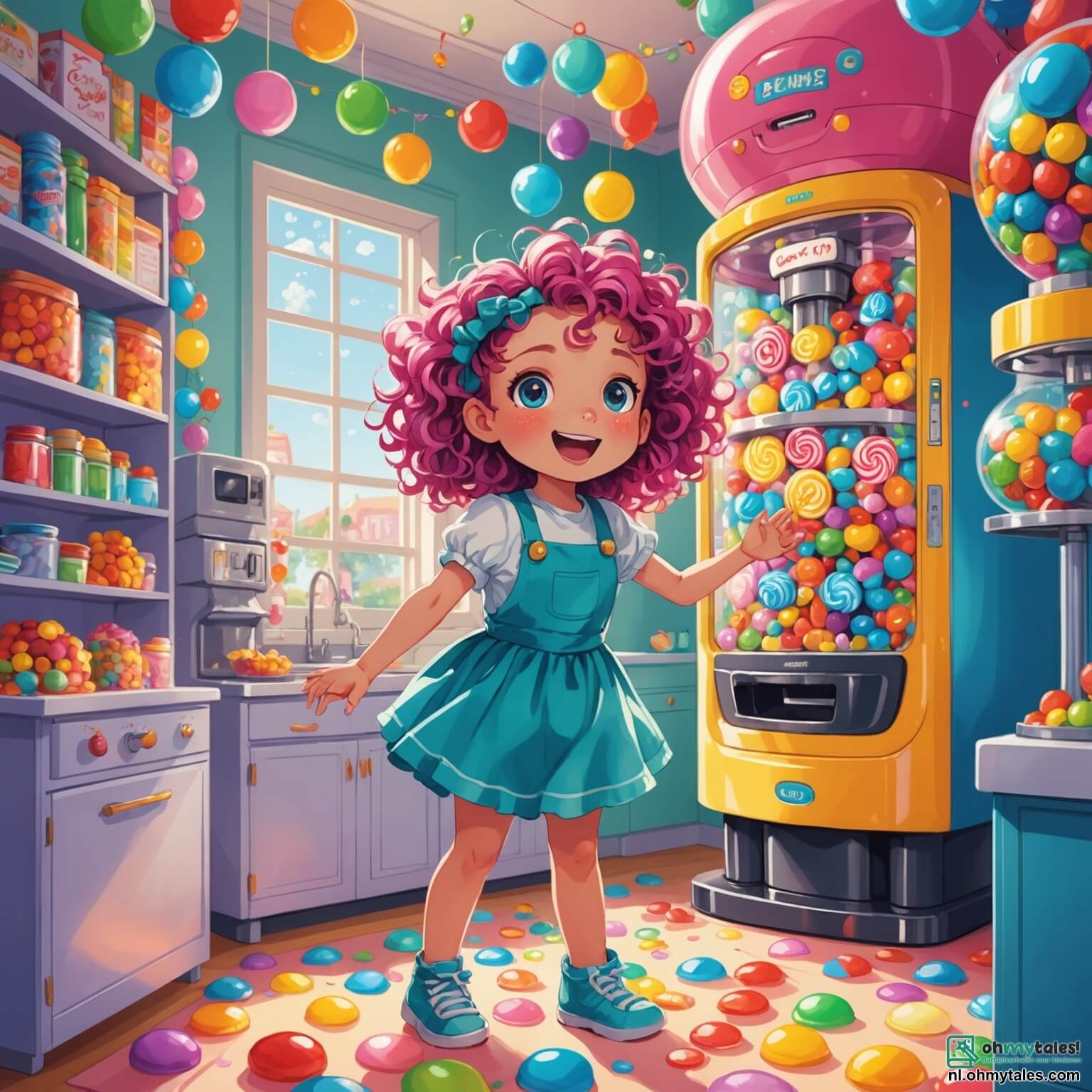 Une illustration destinée aux enfants représentant une petite fille aux cheveux bouclés et colorés, pleine de rêves et d'énergie, se tenant devant une immense machine à bonbons dans une cuisine ensoleillée, où les murs sont peints de couleurs vives et décorés de guirlandes de bonbons scintillants, tandis qu'elle se prépare à relever le défi impossible de créer la plus grande quantité de friandises pour un festin avec ses amis, un garçon espiègle à la grande sourire qui l'encourage à ses côtés, et des bonbons dansants qui ajoutent une touche de magie à cette aventure sucrée.