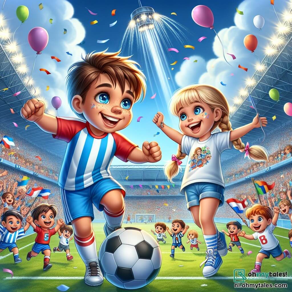 Illustration destinée aux enfants représentant un grand stade de football vibrant d'énergie, avec des gradins remplis de supporters enthousiastes brandissant des drapeaux colorés et des ballons, sous un ciel bleu éclatant. Au centre de l'image, un jeune garçon aux cheveux bruns et aux yeux pétillants, vêtu d'un maillot de football rouge, dribble habilement un ballon avec un sourire radieux, tandis qu'à ses côtés, une fille aux cheveux blonds tressés, portant un t-shirt aux couleurs de son équipe, l'encourage avec enthousiasme. En arrière-plan, un joueur célèbre, grand et musclé, portant un maillot aux rayures bleues et blanches, s'apprête à tirer au but, créant une atmosphère de compétition amicale et de rêve partagé. Des confettis flottent dans l'air, ajoutant une touche festive à cette scène pleine de passion et de camaraderie.
