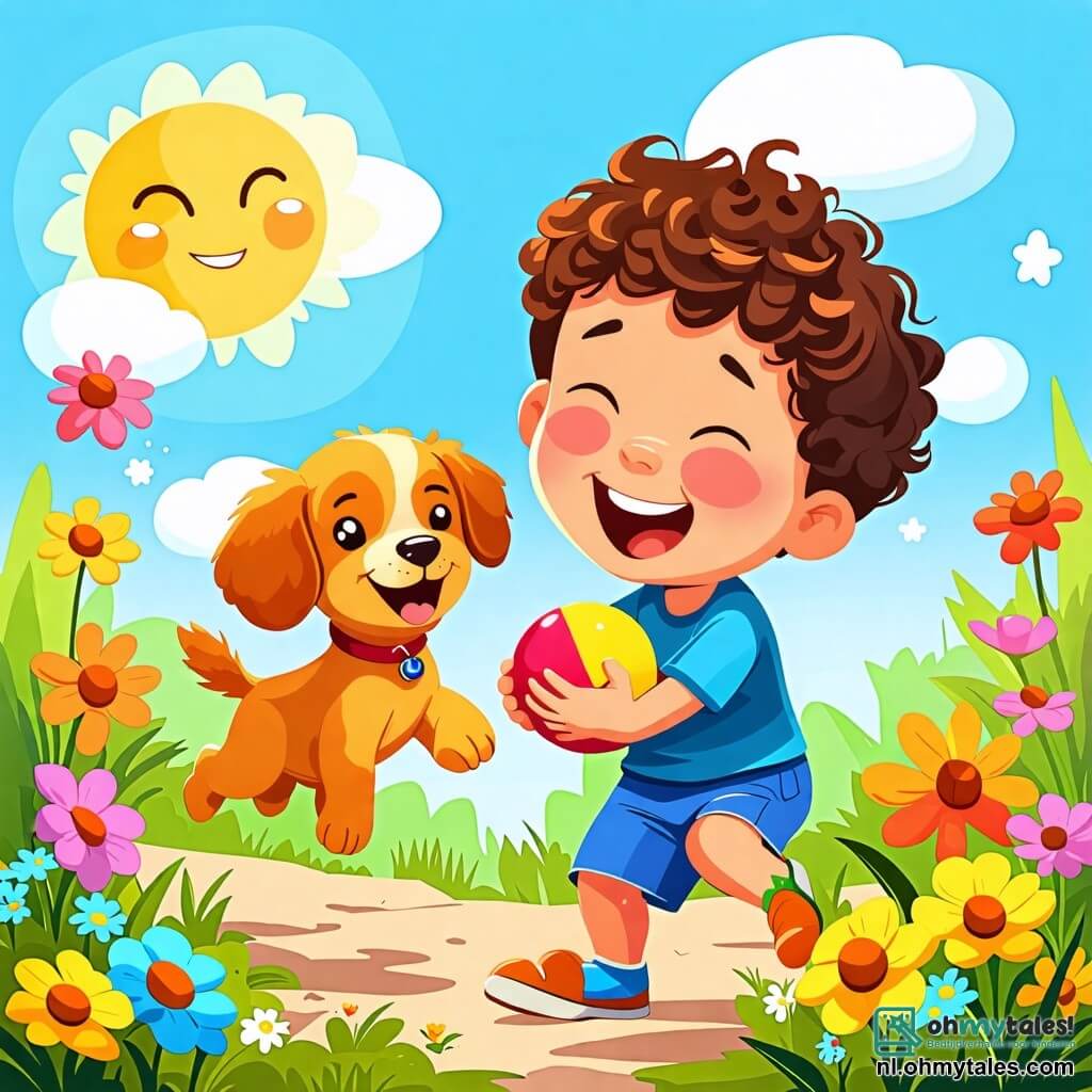Une illustration sous forme de dessin destinée aux enfants représentant un jardin ensoleillé avec des fleurs colorées et un ciel bleu, où un garçon de 2 ans aux cheveux bouclés et aux yeux pétillants rit joyeusement en tenant une balle dans ses petites mains, tandis qu'une adorable petite chienne à la fourrure dorée, avec des grandes oreilles tombantes, court autour de lui en aboyant joyeusement, illustrant ainsi leur amitié et leur bonheur à jouer ensemble.