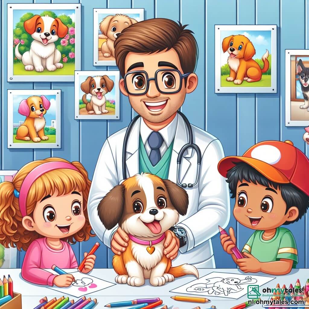 Une illustration sous forme de dessin destinée aux enfants représentant une clinique vétérinaire colorée et accueillante, avec des murs ornés de photos d'animaux, où un homme au sourire chaleureux, portant une blouse blanche et des lunettes, examine attentivement un petit chiot aux grandes oreilles, tandis qu'un groupe de trois enfants, deux filles aux cheveux bouclés et un garçon avec une casquette rouge, observe avec émerveillement en tenant des crayons de couleur et des feuilles de papier, prêts à dessiner leur animal préféré et à apprendre comment prendre soin des animaux.