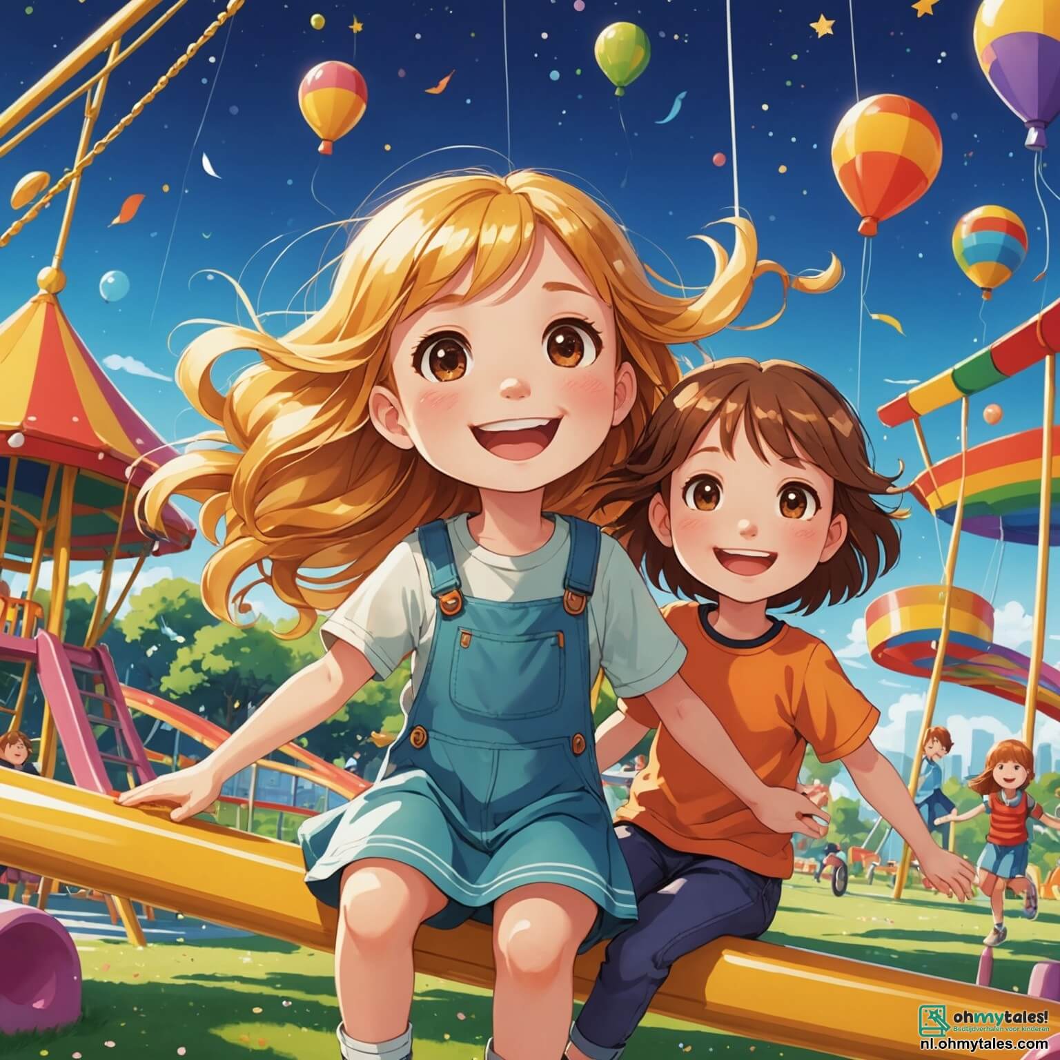 Une illustration destinée aux enfants représentant une petite fille pleine de joie, avec des cheveux dorés flottant au vent et un sourire éclatant, jouant dans une magnifique aire de jeux colorée, entourée de balançoires scintillantes et de toboggans aux couleurs vives, tandis qu'elle s'amuse avec son meilleur ami, un garçon aux cheveux bruns et aux yeux pétillants, et une nouvelle amie, une fille au long cheveux bruns assise dans une jolie roulotte, tous ensemble découvrant la magie de l'amitié et de l'acceptation malgré les défis que chacun d'eux doit surmonter.