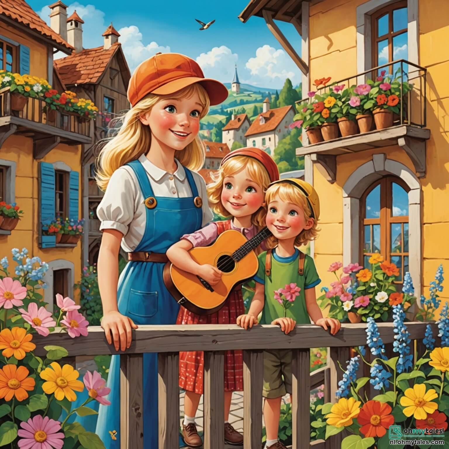 Une illustration destinée aux enfants représentant une femme à la voix douce comme un chant d'oiseau, se tenant sur un balcon en bois coloré, entourée de fleurs éclatantes et parfumées, alors qu'elle invite des enfants aux cheveux blonds et aux sourires radieux, une fille pleine de curiosité et un garçon espiègle portant une casquette, à la rejoindre pour partager la magie de la musique dans le charmant village de Zangstad, où les rayons du soleil dansent à travers les feuilles des arbres et où l'air est rempli de rires et de mélodies enchantées.