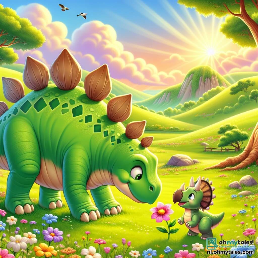 Illustratie van een uitgestekte groene vallei, verlicht door het gouden zonlicht, met zachte heuvels en kleurrijke bloemen verspreid hier en daar. In het midden staat een grote stegosaurus met groene schubben en ruitvormige rugplaten, die zich buigt om een delicate roze bloem te ruiken, met sprankelende ogen van nieuwsgierigheid. Naast hem staat een kleine triceratops met drie goed zichtbare hoorns, een bruine huid en ronde wangen, die met verwondering naar de grote dinosaurus kijkt, klaar om hem te vergezellen in zijn verkenning. Op de achtergrond staan majestueuze bomen, en een blauwe vogel zingt vrolijk op een tak, wat een vleugje leven aan deze vredige scène toevoegt. De sfeer is vrolijk en vriendelijk, en vangt de geest van avontuur en kameraadschap tussen de twee dinosaurussen.
