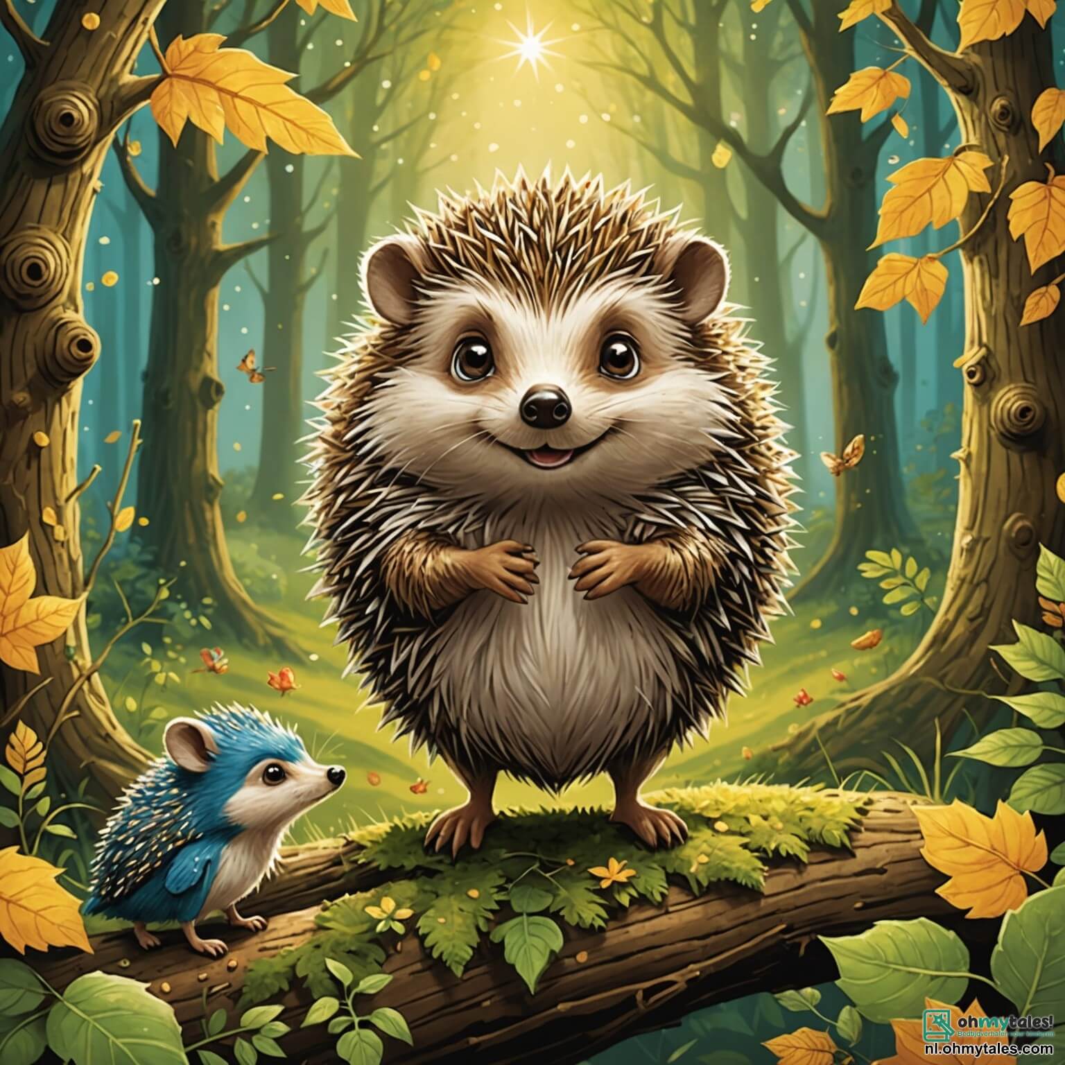 Une illustration destinée aux enfants représentant un hérisson aux yeux pétillants et aux épines brillantes comme des étoiles, se lançant dans une quête palpitante à travers une forêt enchantée où les arbres majestueux, drapés de feuilles dorées et vertes, dansent au rythme du vent, tandis que des amis joyeux comme un lapin espiègle et une sage chouette l'accompagnent dans sa recherche de baies délicieuses, tout en évitant les surprises inattendues que la nature a à offrir, le tout baigné dans une lumière douce et chaleureuse qui fait scintiller les couleurs vives de cet univers féerique.