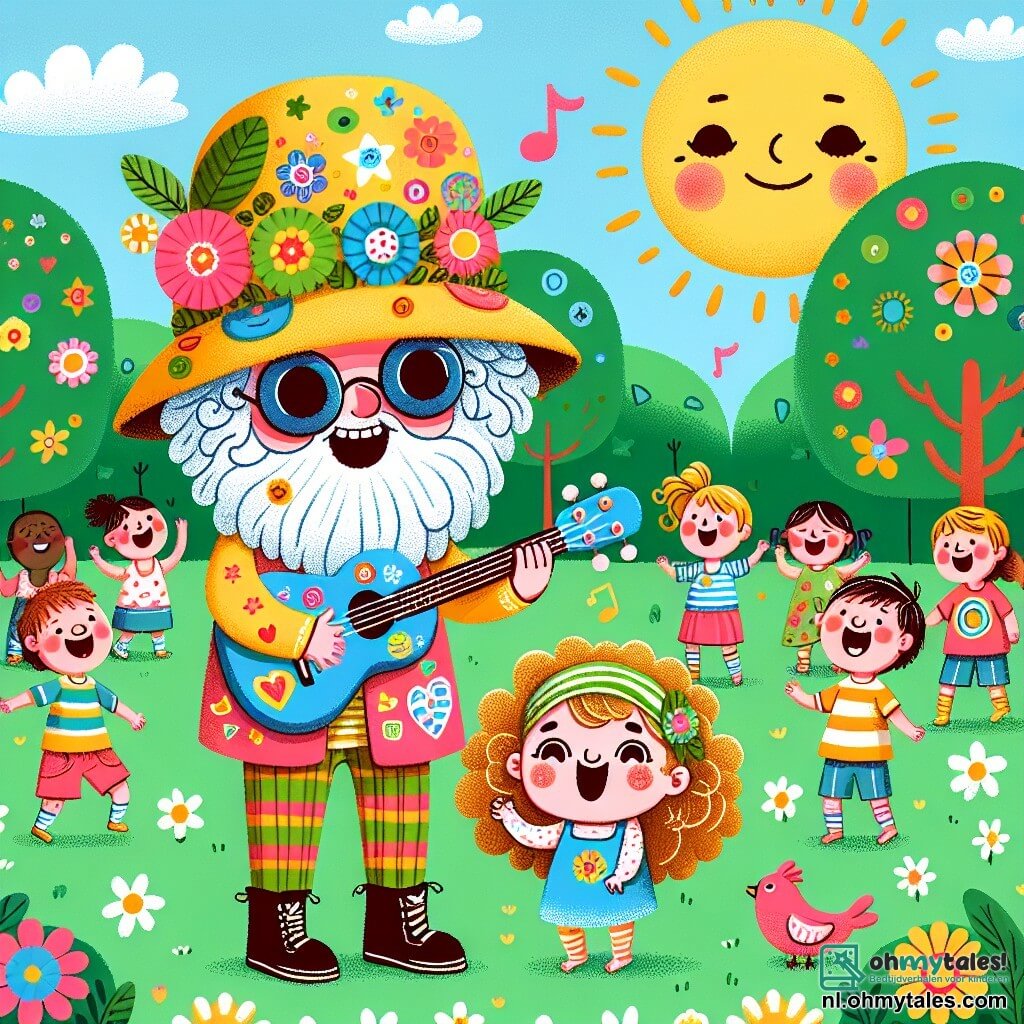 Une illustration sous forme de dessin destinée aux enfants représentant un parc ensoleillé avec des arbres verdoyants et des fleurs colorées, où un homme joyeux portant une grande et douce chapeau et jouant de la guitare ornée de stickers colorés, est entouré d'une petite fille aux cheveux bouclés et aux yeux pétillants, qui tient une ukelele bleue et sourit en essayant de jouer, tandis qu'un groupe d'enfants danse autour d'eux, tous captivés par la musique joyeuse qui résonne dans l'air, créant une atmosphère de bonheur et de partage.