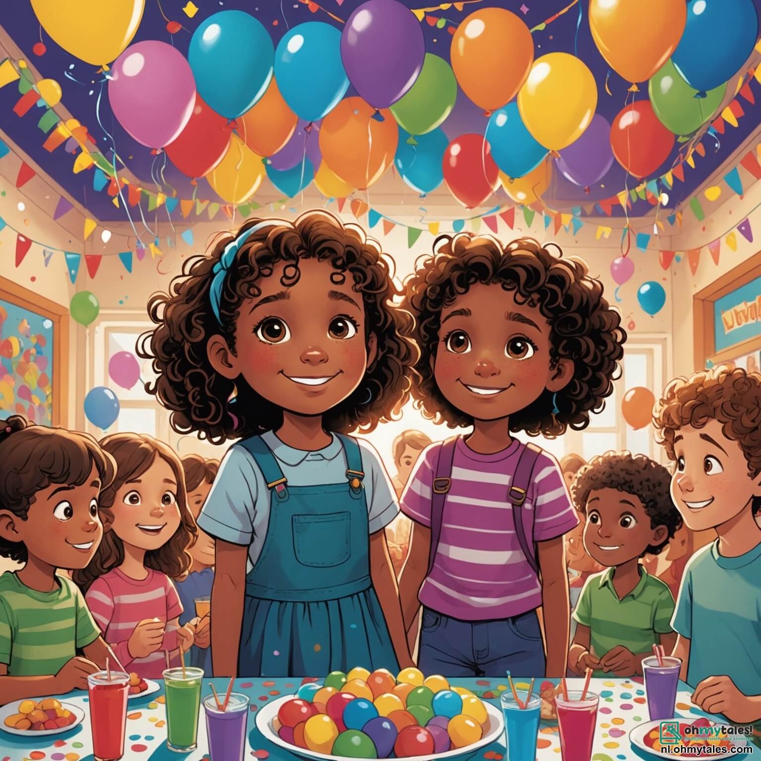 Une illustration destinée aux enfants représentant une petite fille aux yeux pétillants et aux cheveux bouclés, se tenant au milieu d'une salle de fête colorée ornée de ballons multicolores flottant dans l'air, de guirlandes scintillantes et d'une grande table chargée de douceurs, alors qu'elle se retrouve face à son ami, un garçon au sourire timide, qui, entouré de leurs camarades, raconte une histoire incroyable sur un plongeon audacieux qu'il n'a jamais réalisé, créant ainsi une atmosphère de joie mêlée d'inquiétude, car la petite fille sait que le mensonge se cache derrière ses mots, tandis que la lumière dorée du soleil couchant filtre à travers les fenêtres, illuminant les visages des enfants et révélant les vérités cachées de leur amitié.