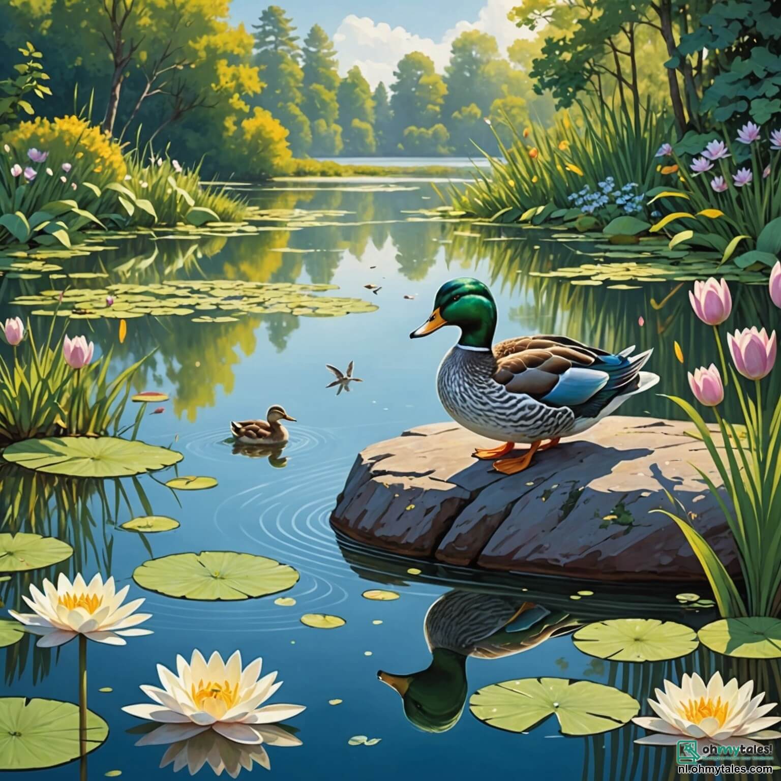 Une illustration destinée aux enfants représentant un canard au plumage éclatant comme un rayon de soleil, se tenant fièrement sur la berge d'un paisible lac scintillant, entouré de nénuphars aux pétales délicats et de libellules virevoltant dans l'air chaud, tandis qu'il rêve d'aventures au-delà des rives familières, avec à ses côtés une petite lapine aux grandes oreilles curieuses, perchée sur une pierre lisse, prête à l'accompagner dans une quête pleine de découvertes et de surprises à travers la forêt verdoyante qui borde le lac, où les arbres majestueux murmurent des secrets et où chaque bruit de la nature résonne comme une mélodie enchantée.