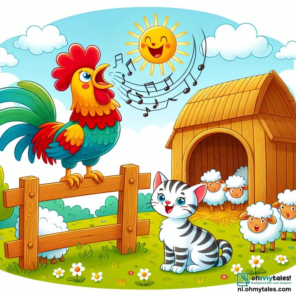 Une illustration sous forme de dessin destinée aux enfants représentant une ferme ensoleillée avec un grand poulailler en bois, un coq aux plumes rouges éclatantes et à la crête bien dressée, se tenant fièrement sur une clôture en bois et chantant à tue-tête, tandis qu'une chatte tigrée aux yeux pétillants, assise en bas, l'écoute avec un sourire amusé, entourés de moutons curieux qui blâtent joyeusement, capturant l'instant où le coq et la chatte s'apprêtent à chanter ensemble pour créer une mélodie joyeuse.