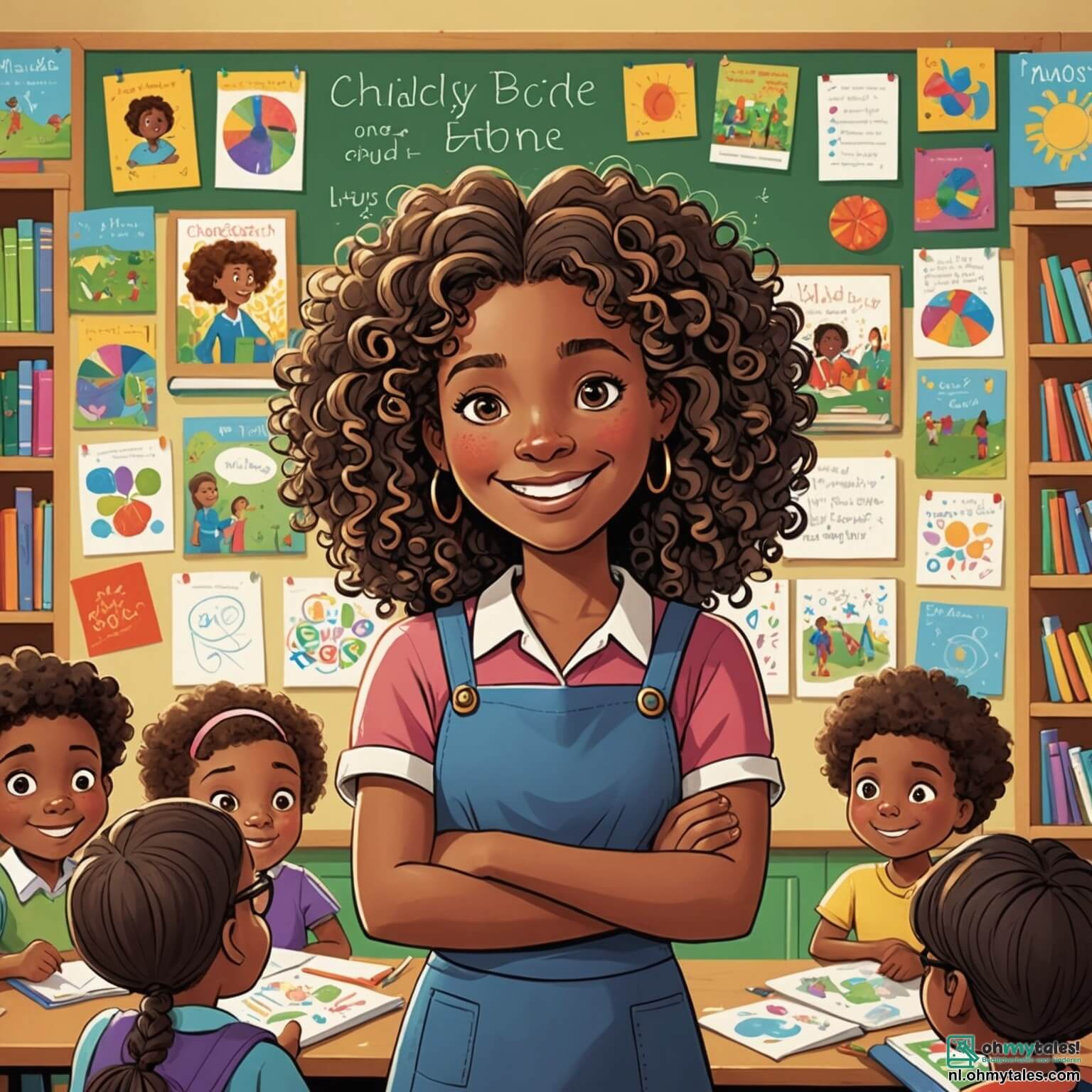 Une illustration destinée aux enfants représentant une institutrice au sourire chaleureux, aux cheveux bouclés et aux yeux pétillants de curiosité, se tenant au milieu d'une salle de classe colorée, ornée de dessins d'élèves accrochés aux murs, de livres aux couvertures éclatantes empilés sur des étagères en bois, et d'un tableau noir où des craies multicolores s'entassent, tandis qu'elle explique avec passion l'importance de la nature à un groupe d'enfants, dont un garçon aux lunettes rondes, avide de connaissances, et une fille aux longues tresses, pleine d'enthousiasme, tous deux captivés par les histoires fascinantes de leur institutrice qui les emmène dans un voyage d'apprentissage au cœur d'un parc verdoyant, où ils découvrent ensemble les merveilles de la faune et de la flore.