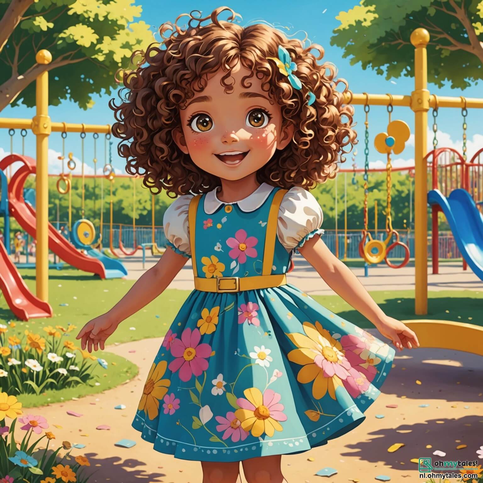 Une illustration destinée aux enfants représentant une petite fille aux cheveux bouclés et aux yeux pétillants, vêtue d'une robe colorée ornée de fleurs, qui se tient dans une vaste et ensoleillée aire de jeux, entourée de balançoires qui grincent doucement au gré du vent, de toboggans aux couleurs vives et d'une grande bac à sable doré où des enfants rient et jouent, tandis qu'elle, avec une loupe en main et un air déterminé, mène une enquête palpitante pour retrouver son précieux ours en peluche, aidée par son ami intrépide, un garçon à la casquette vissée sur la tête, et une voisine espiègle, une autre petite fille aux tresses, tous deux curieux et prêts à l'aider dans cette quête pleine de mystères et d'amitié.