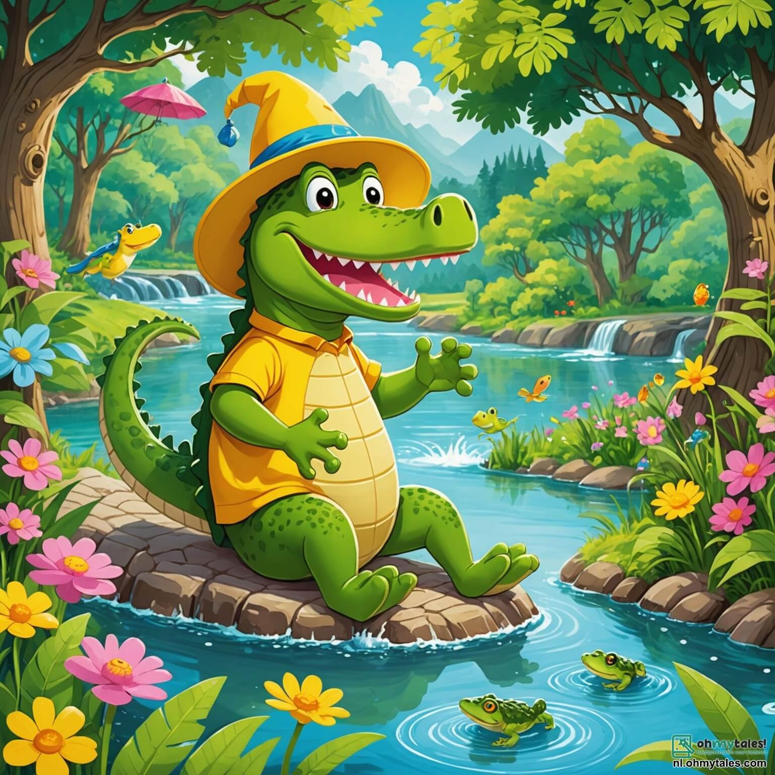 Une illustration destinée aux enfants représentant un crocodile joyeux, avec une grande et colorée chapeau jaune sur la tête, se prélassant au bord d'une rivière scintillante dans une forêt enchantée, entourée d'arbres majestueux aux feuilles vertes éclatantes et de fleurs multicolores qui dansent au gré du vent, tandis qu'il invite ses amis, une petite grenouille espiègle et un adorable cochon rose, à participer à un jeu amusant de sauts et d'aventures, tout en découvrant ensemble les merveilles de leur monde animalier.