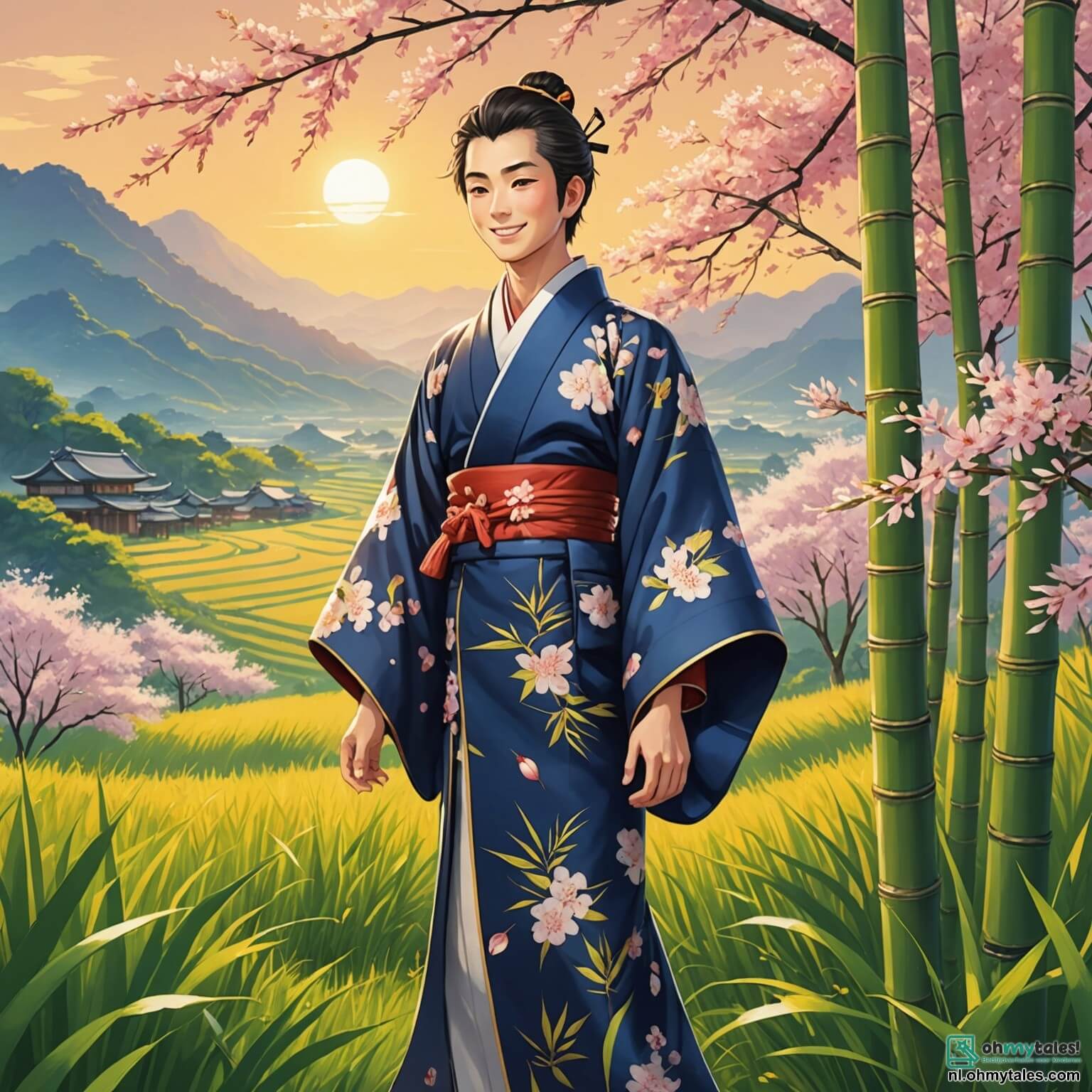 Une illustration destinée aux enfants représentant un homme au cœur généreux, vêtu d'un kimono traditionnel aux motifs de cerisiers en fleurs, se tenant dans un champ de riz verdoyant, où les épis dorés dansent sous la brise légère, tandis qu'une douce lumière du soleil couchant éclaire son visage souriant, alors qu'il tente de faire rire une mystérieuse et gracieuse jeune fille esprit, flottant entre les tiges de bambou, avec des yeux pétillants de malice, dans un village pittoresque du Japon, entouré de montagnes majestueuses et de ruisseaux scintillants, où les rires des enfants résonnent comme une mélodie joyeuse dans l'air frais du soir.