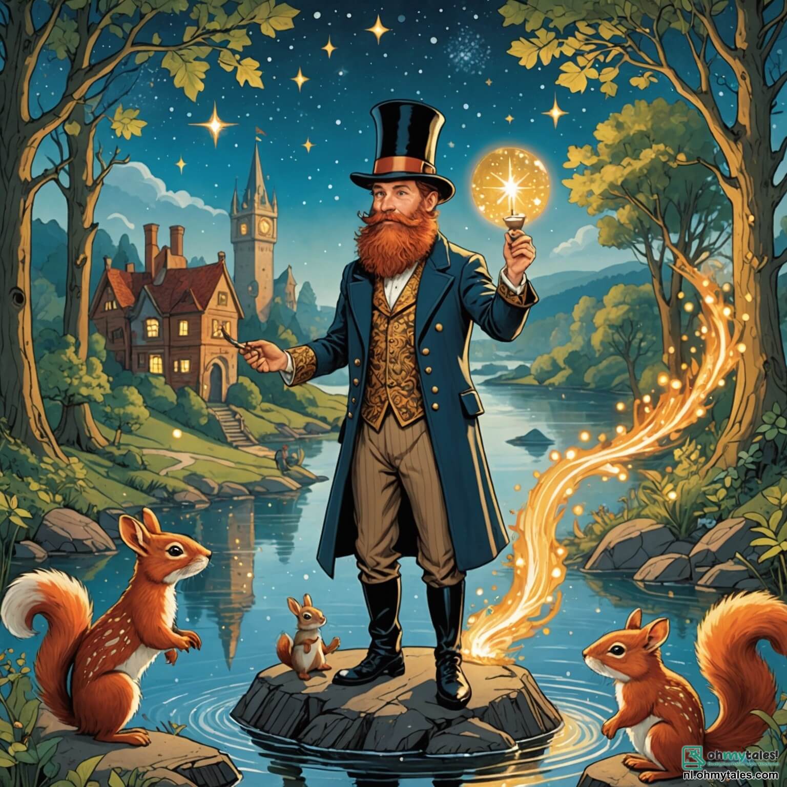 Une illustration destinée aux enfants représentant un homme à la barbe flamboyante, vêtu d'une tunique chatoyante ornée de motifs d'étoiles scintillantes, se tenant au bord d'une rivière étincelante, entouré de créatures mythiques telles qu'un lapin érudit portant des lunettes rondes et un écureuil espiègle coiffé d'un chapeau haut de forme, alors qu'ils s'apprêtent à partir à la recherche d'un arbre légendaire dont les feuilles rient et brillent sous le soleil d'un vaste et ancien bois, où les arbres majestueux s'élèvent comme des géants protecteurs, leurs branches entrelacées formant un toit de verdure, tandis que des rayons de lumière dansent à travers le feuillage, créant une atmosphère magique et enchanteresse.