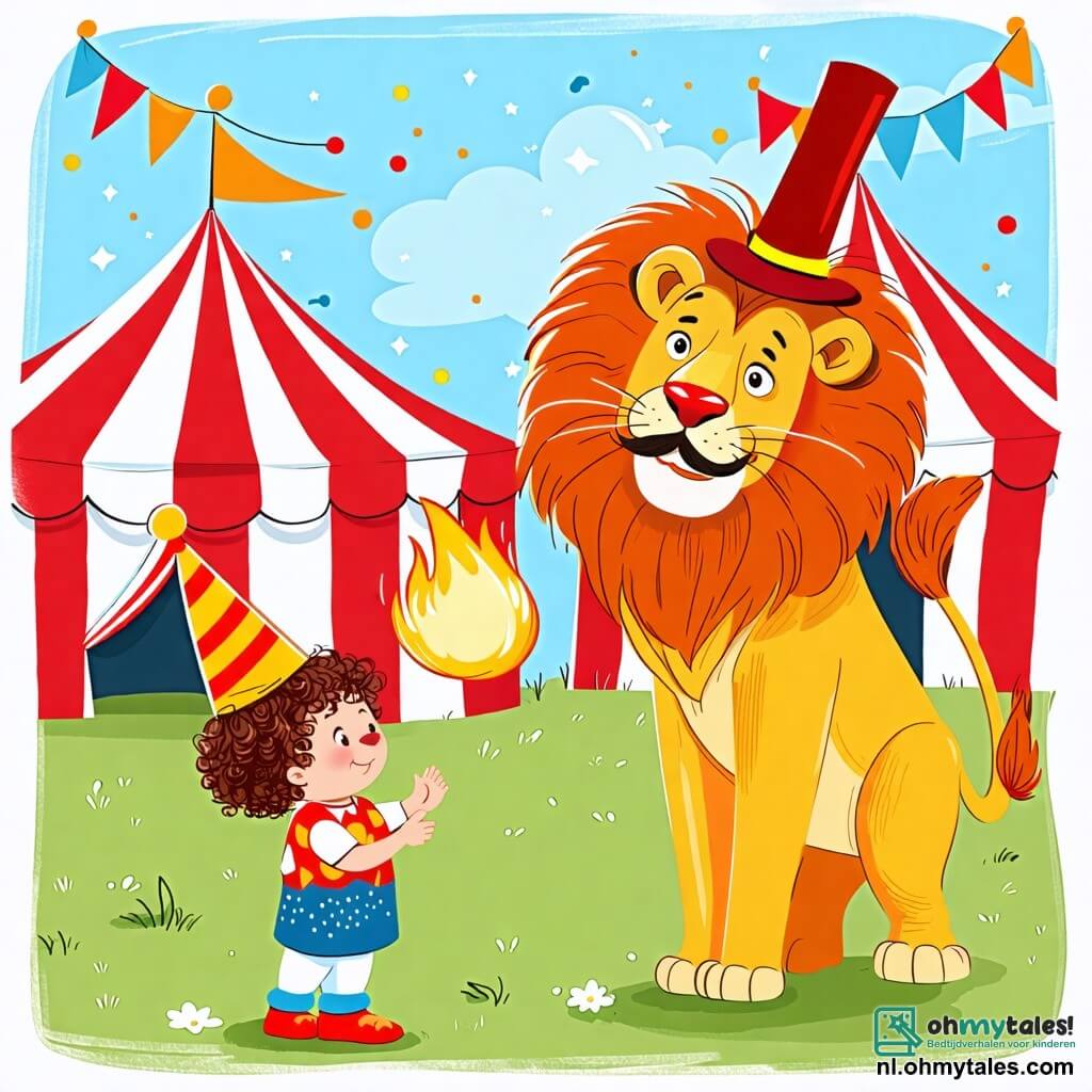 Une illustration sous forme de dessin destinée aux enfants représentant un cirque coloré avec des tentes rayées rouges et blanches, un petit garçon de 2 ans aux cheveux bouclés et aux yeux pétillants, portant une grande clown en forme de chapeau, qui regarde émerveillé un lion amical aux yeux doux, tandis qu'un homme joyeux en costume de tamme, avec une haute hat et une moustache, l'encourage à applaudir alors que le lion saute à travers une flamme dans une grande bague dorée, créant une scène magique et pleine de joie.