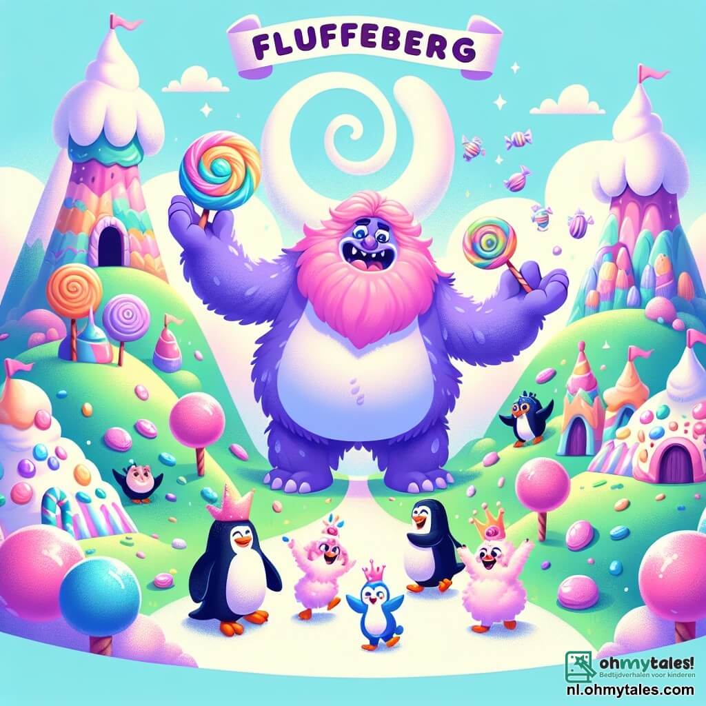 Une illustration sous forme de dessin destinée aux enfants représentant un paysage enchanté de Fluffelberg, avec des collines colorées et des arbres en bonbons, où un grand monstre mâle à la peau douce et violette, aux yeux pétillants et à la grande bouche souriante, danse joyeusement au milieu de ses amis, des Fluffelours femelles aux pelages moelleux et des Pinguins scintillants, tous en train de s'amuser autour d'une énorme suikerspin qui bloque l'entrée de sa maison en bonbons, illustrant ainsi la joie et l'amitié dans un moment festif et ludique.
