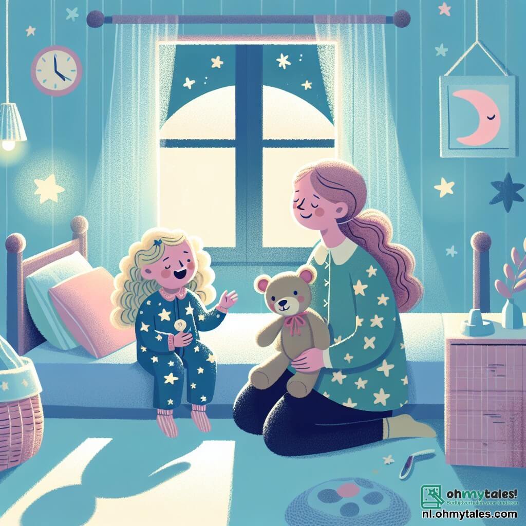 Une illustration sous forme de dessin destinée aux enfants représentant une chambre douillette avec des murs peints en bleu pastel, où une petite fille de 3 ans aux cheveux blonds et bouclés, portant une pyjama à étoiles, est assise sur son lit, tenant un ours en peluche, tandis qu'une douce lumière de lune éclaire la pièce, créant des ombres dansantes sur les murs, et sa maman, une femme souriante aux cheveux châtains, est à ses côtés, lui racontant une histoire réconfortante pour apaiser sa peur du noir.