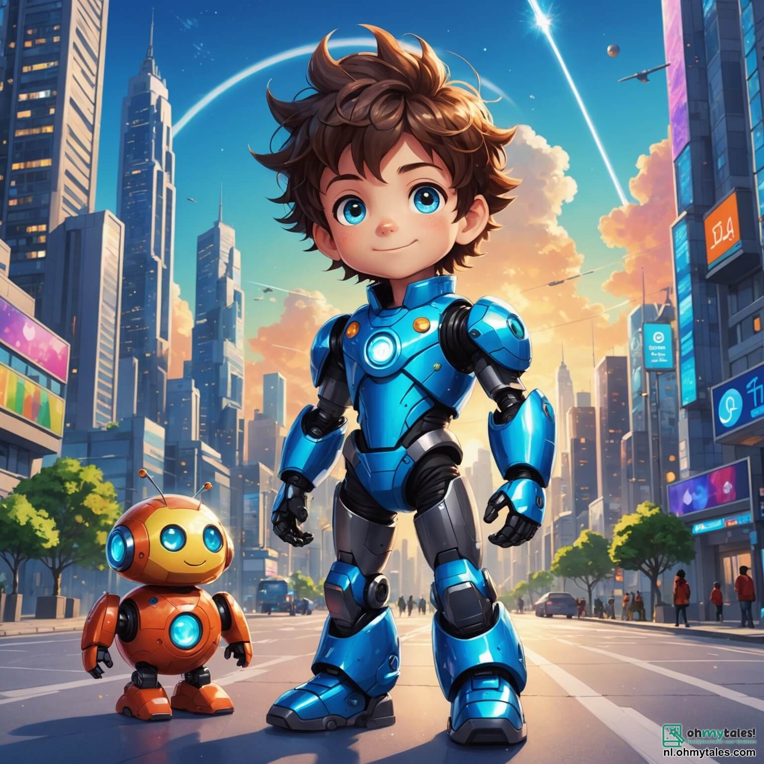 Une illustration destinée aux enfants représentant un petit garçon aux yeux pétillants et aux cheveux ébouriffés, vêtu d'une combinaison colorée, se tenant avec enthousiasme aux côtés de son ami robot aux formes arrondies et à la tête lumineuse, alors qu'ils se tiennent devant la majestueuse ville futuriste de Glimstad, où des gratte-ciels scintillants aux teintes arc-en-ciel s'élèvent vers un ciel azur parsemé de nuages cotonneux, des voitures volantes glissent silencieusement au-dessus de rues pavées illuminées par des lampadaires en forme de fleurs, et où des enfants de tous âges jouent joyeusement dans un parc rempli de jeux interactifs et de structures en métal brillant, tandis qu'ils cherchent à résoudre le mystère d'une glissière endommagée qui les empêche de s'amuser pleinement.
