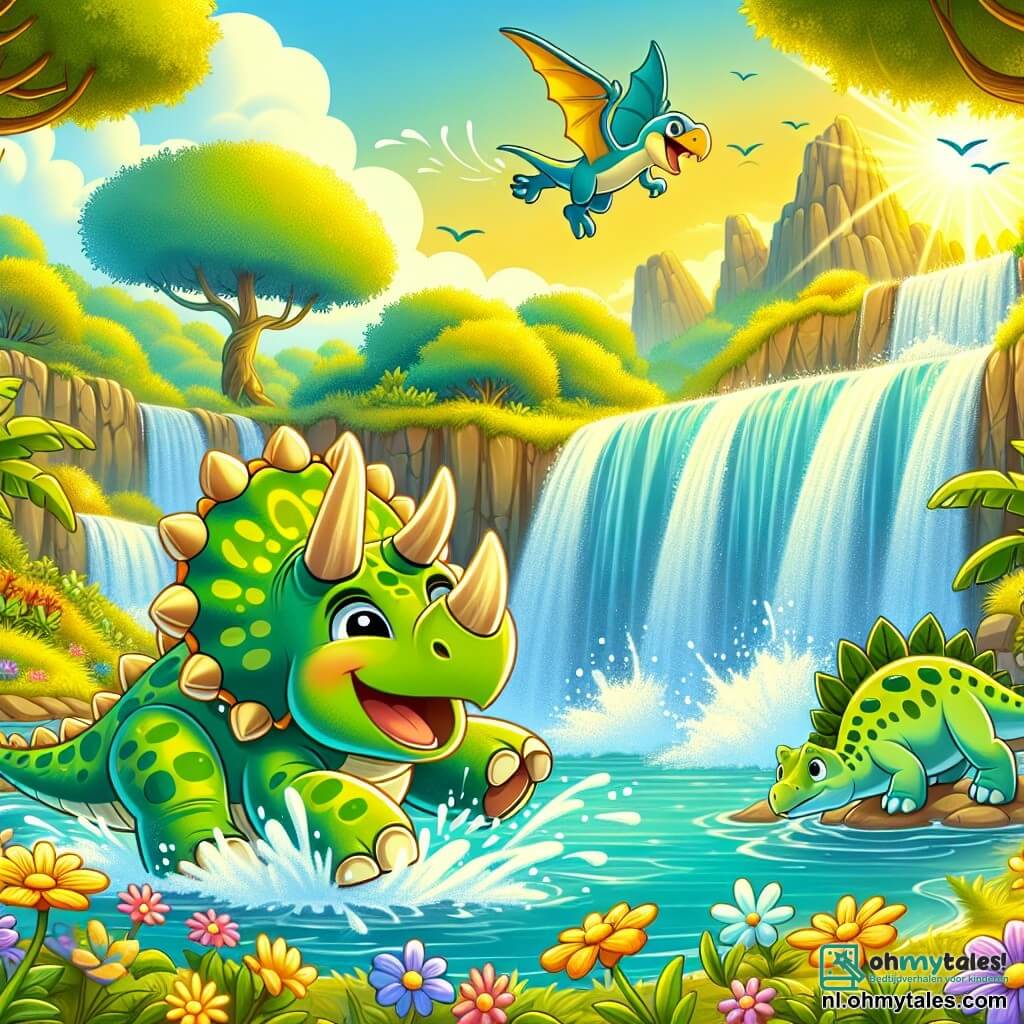Illustratie die een levendige scène in een prehistorische vallei weergeeft, waar een prachtige waterval schittert onder de zon, omringd door kleurrijke bloemen en grote groene bomen. Op de voorgrond staat een blije triceratops met een groene huid versierd met felle gele vlekken, zijn drie hoorns trots rechtop, terwijl hij water spettert terwijl hij speelt bij de rivier. Naast hem bereidt een stegosaurus met een rug bedekt met bladvormige platen en een ondeugende glimlach zich voor om in het water te springen. Op de achtergrond vliegt een pterodactyl met uitgespreide vleugels over de scène en kijkt zijn vrienden aan met een bemoedigende blik. De sfeer is vol vreugde en opwinding, met waterbellen die omhoog stijgen en gelach dat in de lucht weerklinkt, wat een speelse en vriendelijke ambiance creëert.