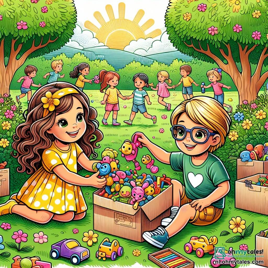 Illustratie van een zonnig park, met groene bomen en kleurrijke bloemen die in de bries dansen. In het midden zitten twee jonge meisjes, de ene van ongeveer zeven jaar met lange, krullende bruin haar in een gele jurk met stippen, en de andere, ook zeven jaar oud, met kort blond haar en een bril, gekleed in een blauwe t-shirt en shorts. Ze zitten op het gras, omringd door kleurrijk speelgoed, lachend en speelgoed uitwisselend, wat een moment van vreugde en delen illustreert. Op de achtergrond spelen andere kinderen samen, wat een sfeer van kameraadschap en geluk creëert. Kartonnen dozen liggen verspreid om hen heen, wat de inzameling van speelgoed voor degenen die het nodig hebben symboliseert, en een kleurrijke poster aan een boom kondigt een "Speelgoedinzameldag" aan.