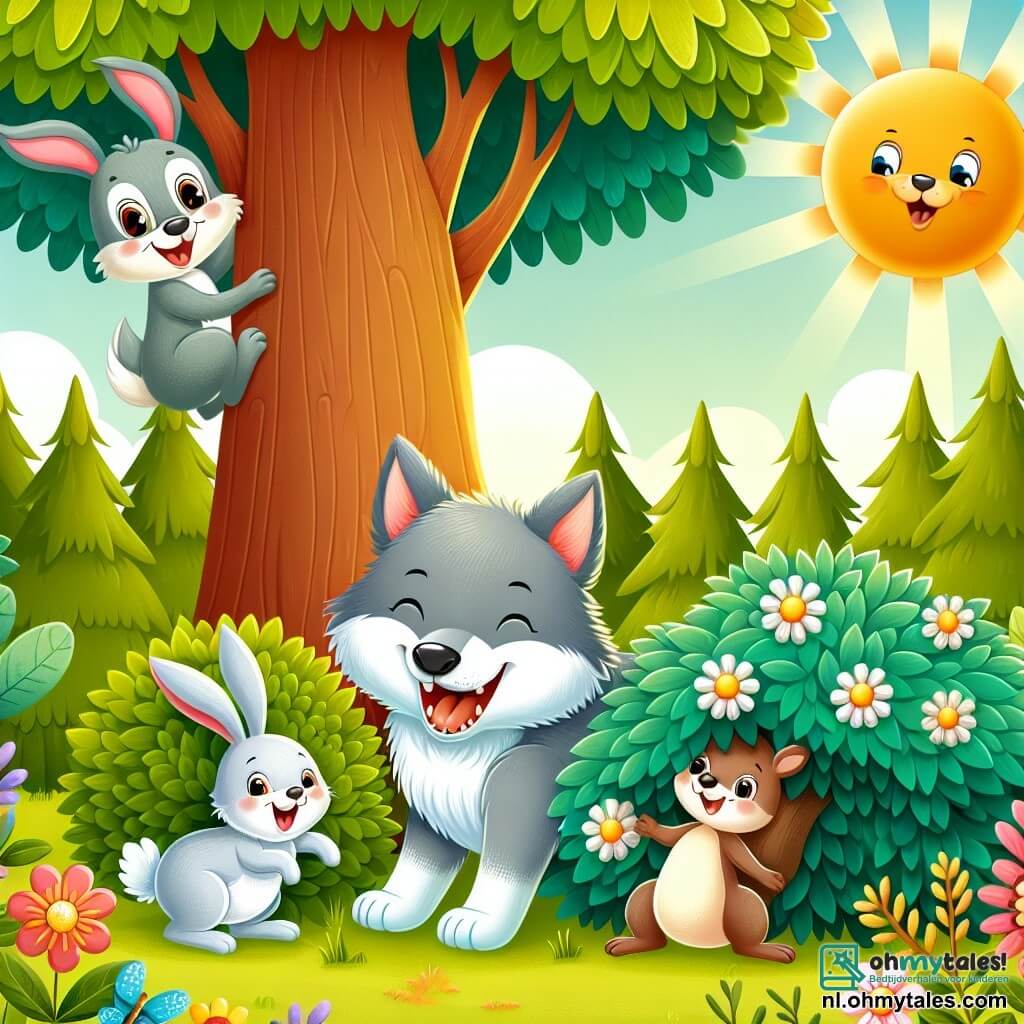 Une illustration sous forme de dessin destinée aux enfants représentant une clairière ensoleillée dans une forêt verdoyante, avec un loup au pelage doux et gris, qui rit joyeusement en jouant à cache-cache sous un grand buisson, tandis qu'un petit lapin aux grandes oreilles blanches le cherche avec un sourire malicieux, et une éekhoorn aux yeux pétillants grimpe dans un arbre, prête à les encourager, le tout entouré de fleurs colorées et de rayons de soleil filtrant à travers les feuilles.