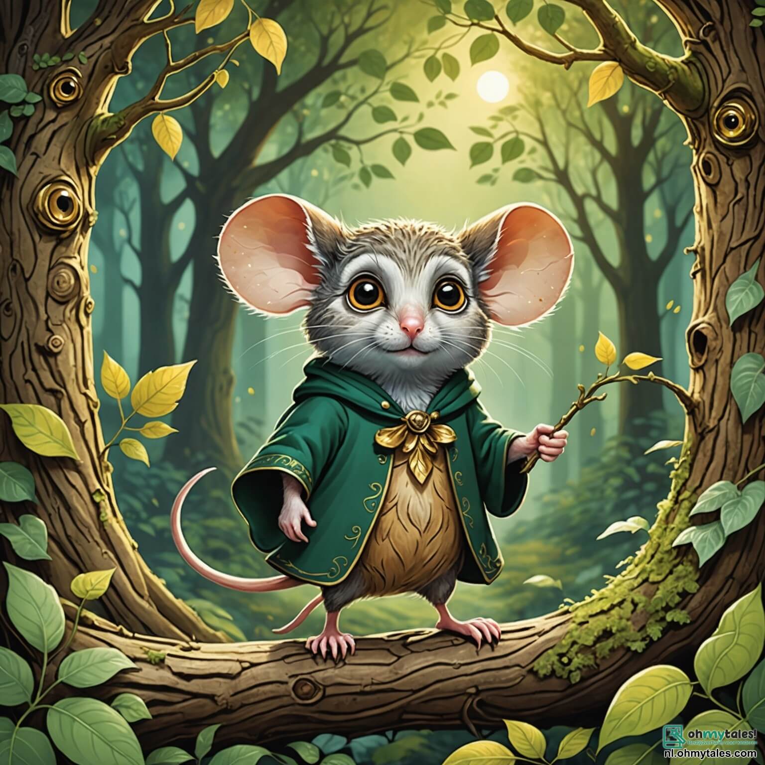 Une illustration destinée aux enfants représentant une petite souris courageuse, aux yeux pétillants et aux oreilles délicates, se faufilant avec détermination à travers un forêt enchantée, où les arbres majestueux aux troncs noueux et aux feuillages d'un vert éclatant s'entrelacent pour former un ciel de feuillages, tandis qu'un sage hibou, aux plumes dorées et aux yeux ronds comme des billes, veille sur elle depuis une branche, prêt à lui offrir son aide dans sa quête pour sauver son monde magique.