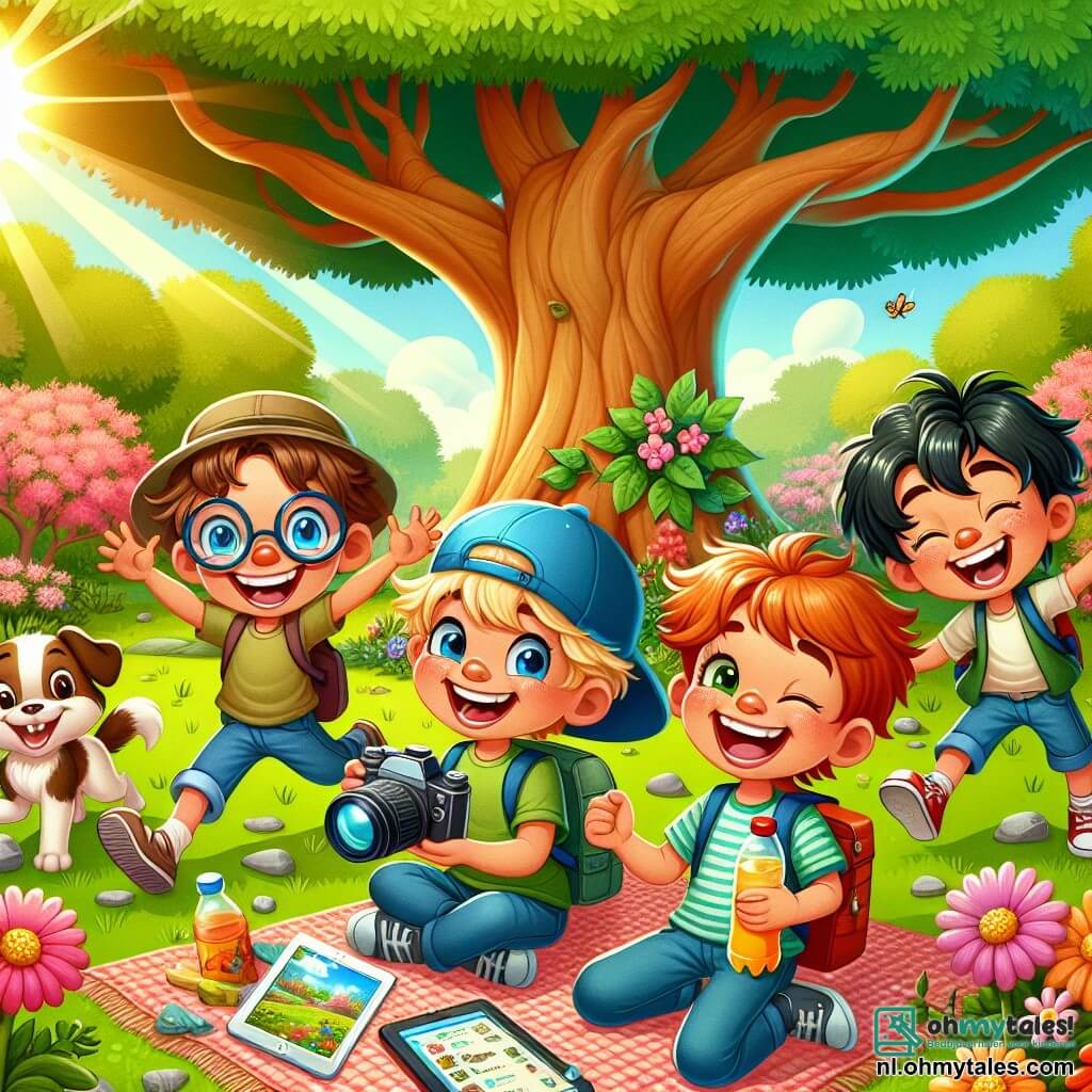 Illustratie van een zonnig park, vol met weelderig groen en kleurrijke bloemen. In het midden biedt een grote majestueuze boom schaduw aan een groep blije kinderen. Er zijn vier jongens van ongeveer acht jaar: één met bruin haar en een bril, breed glimlachend terwijl hij een camera vasthoudt, de ander met rommelig blond haar, lachend terwijl hij een lijst met te vinden dingen toont, de derde met zwart haar en een pet, rennend naar een groep vrienden, en de laatste met rood haar, die een fles limonade vasthoudt en knipoogt. De scène toont deze kinderen na een schattenjacht, omringd door hun vondsten: bloemen, stenen en een klein hondje dat hen nieuwsgierig aankijkt. Hun gezichten stralen vreugde en opwinding uit, terwijl een tablet op een deken naast hen beelden van hun avonturen toont. Gelach en stemmen zweven door de lucht en vangen de geest van vriendschap en ontdekking.
