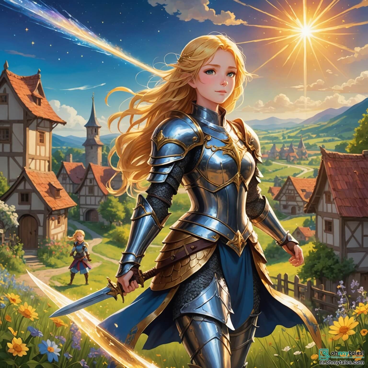 Une illustration destinée aux enfants représentant une courageuse chevaleresse aux cheveux dorés flottant comme des rayons de soleil, vêtue d'une armure étincelante qui scintille sous la lumière des étoiles, se tenant fièrement devant un village paisible aux maisons en bois colorées, entouré de champs verdoyants et de fleurs sauvages dansant au gré du vent, alors qu'elle se prépare à affronter un dragon redoutable qui menace la tranquillité de son peuple, avec des villageois aux visages inquiets et des enfants aux yeux écarquillés, tandis qu'un jeune fermier au regard déterminé l'encourage de l'arrière-plan, tous unis dans l'espoir de restaurer la paix dans ce royaume enchanteur.