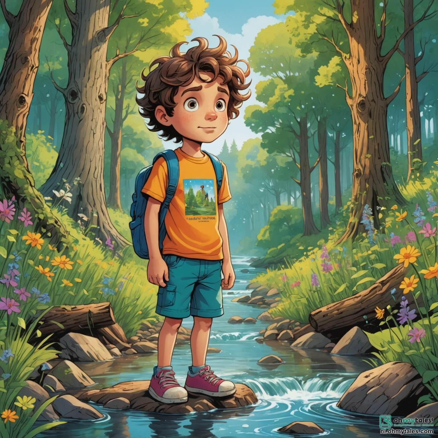 Une illustration destinée aux enfants représentant un garçon aux cheveux ébouriffés et aux yeux pétillants de curiosité, vêtu d'un t-shirt coloré et de shorts, se tenant debout avec détermination au bord d'un ruisseau scintillant, entouré de majestueuses arbres aux troncs noueux et de fleurs sauvages aux couleurs éclatantes, tandis qu'il s'apprête à organiser une grande journée de nettoyage pour sauver son précieux bois, accompagné de ses amis, une fille aux tresses dorées et un garçon à lunettes, tous deux animés par la même passion pour la nature et le désir de protéger leur environnement enchanteur.