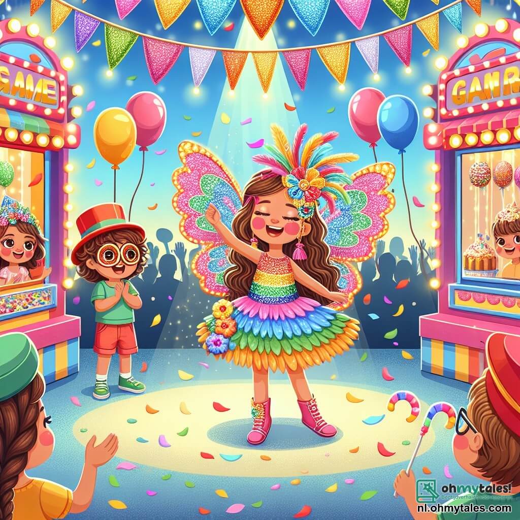 Illustratie van een levendige scène van een buiten carnaval. De locatie is een groot, kleurrijk plein, versierd met glinsterende slingers en meerkleurige ballonnen die in de lucht zweven. Spellen en lekkernijen staan rondom opgesteld, terwijl een groot podium versierd is met papieren bloemen en heldere lichten. In het midden van de scène danst een meisje van ongeveer 8 jaar met lange, bruine krullen en een stralende glimlach, terwijl ze een kleurrijk masker draagt dat onder de zon glinstert. Naast haar staat een jongen van 7 jaar met een rode pet en sprankelende ogen die enthousiast applaudisseert. Een ander kind, een 6-jarig meisje met oversized bril en vlechten, kijkt vol bewondering. De hoofdscène toont het meisje dat vrolijk danst op het podium, terwijl ze de vlucht van een mooie vlinder nabootst, terwijl de andere kinderen haar aanmoedigen met juichkreten. Kleurrijke confetti valt om hen heen en voegt toe aan de feestelijke sfeer. Op de achtergrond maken glimlachende volwassenen foto's en vangen ze dit magische moment van het carnaval.