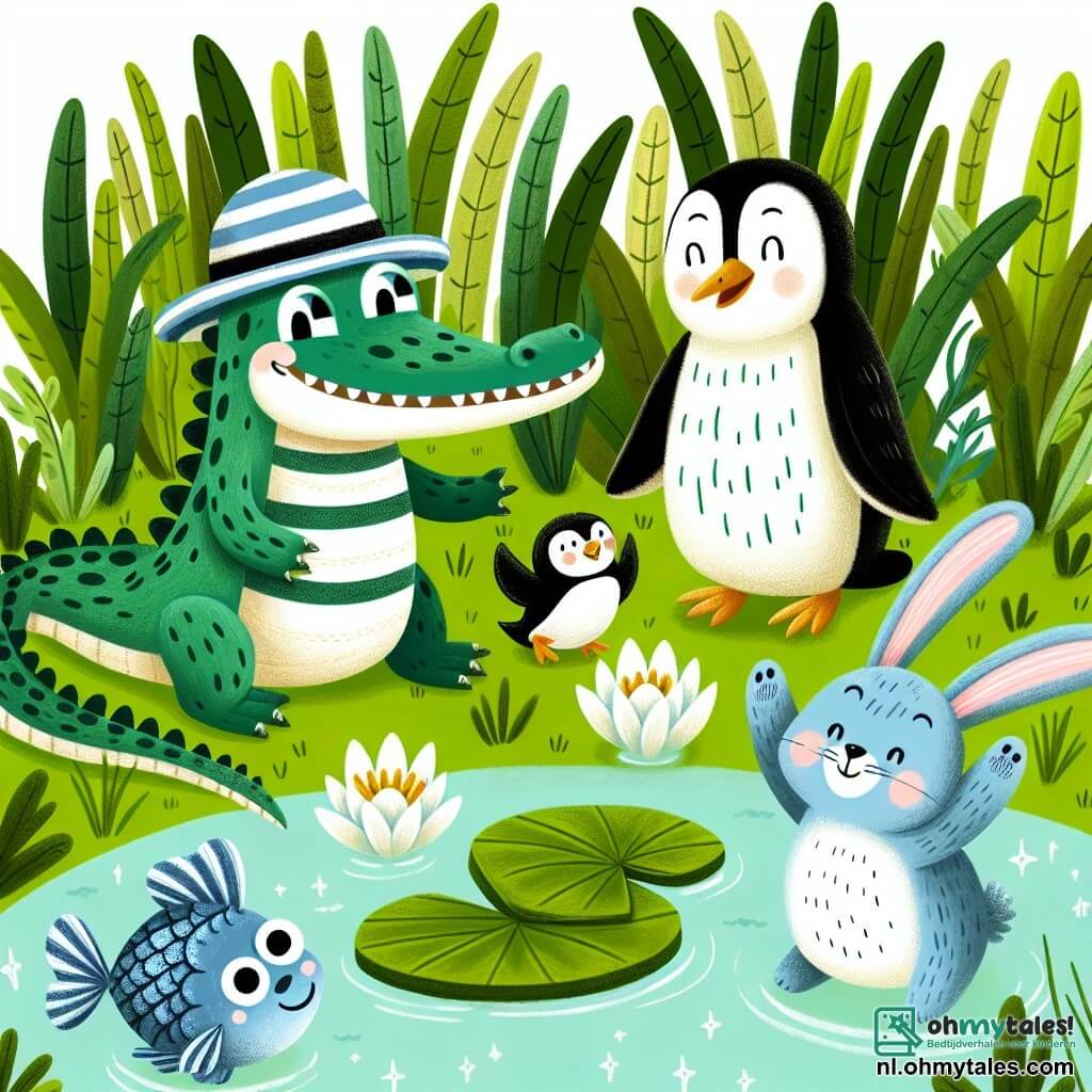 Une illustration sous forme de dessin destinée aux enfants représentant un joyeux moeras verdoyant, avec un crocodile souriant portant une chapeau rayé, jouant avec un pingouin aux plumes blanches et noires, et un lapin aux grandes oreilles, tous en train de danser autour d'une grande nénuphar, tandis qu'un poisson bleu aux écailles scintillantes les observe avec curiosité, capturant l'esprit d'amitié et de jeu de cette aventure amusante.