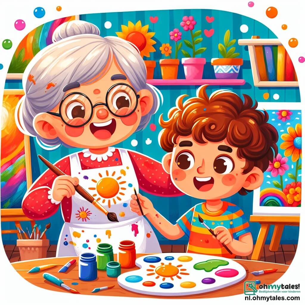 Une illustration sous forme de dessin destinée aux enfants représentant un atelier lumineux rempli de couleurs vives, avec des murs ornés de magnifiques tableaux, où une femme âgée aux cheveux argentés et aux lunettes rondes, vêtue d'un tablier éclaboussé de peinture, sourit joyeusement en montrant un pinceau à un garçon aux cheveux bruns et bouclés, vêtu d'un t-shirt coloré, qui, avec des yeux émerveillés, mélange des couleurs sur une palette, tandis qu'ils créent ensemble un grand tableau représentant un soleil radieux et des fleurs éclatantes, symbolisant la magie de l'art et la joie de la créativité partagée.