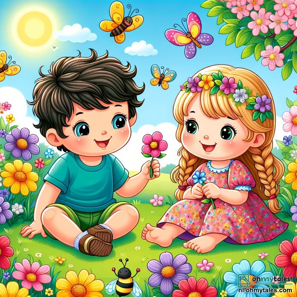 Illustratie van een bloeiende tuin in de lente, met kleurrijke bloemen in levendige tinten geel, rood en paars. De lucht is blauw en zonnig, met enkele donzige witte wolken. Twee jonge kinderen staan in het midden van de afbeelding: een jongen van twee jaar met krullend bruin haar, gekleed in een blauwe t-shirt en groene short, en een meisje van twee jaar met gevlochten blond haar, in een roze bloemenjurk. Ze zitten allebei op het groene gras, lachend en spelend samen. De jongen houdt een kleine bloem in zijn hand, terwijl het meisje kijkt naar een mooie gekleurde vlinder die om hen heen vliegt. Vlinders en bijen zoemen vrolijk in de lucht, wat een magische sfeer aan de scène toevoegt. Op de achtergrond is een bloeiende boom te zien, wat een vrolijke en lenteachtige sfeer creëert.