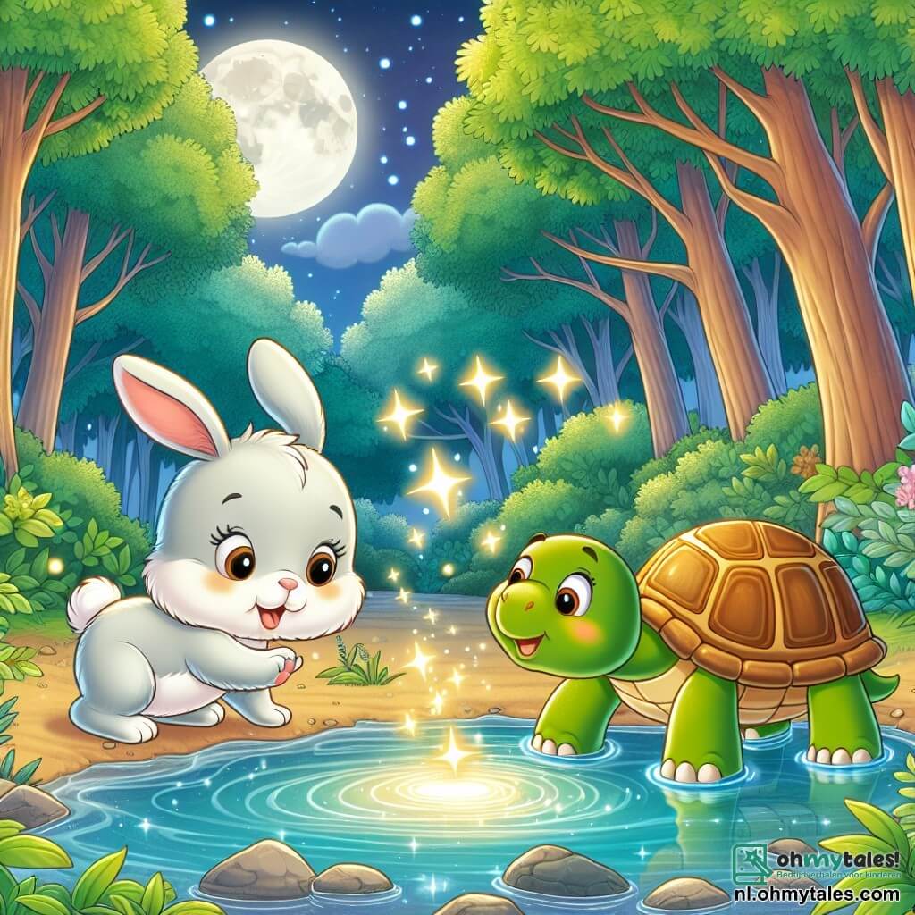 Une illustration sous forme de dessin destinée aux enfants représentant une clairière enchantée dans un forêt verdoyante, où un petit lapin à la fourrure blanche et aux grands yeux curieux explore avec enthousiasme, tandis qu'un sage tortue à la carapace dorée l'accompagne lentement, tous deux émerveillés par la beauté scintillante d'une Magique Vijver illuminée par la lune, symbolisant leur aventure nocturne et leur découverte de la magie du monde qui les entoure.