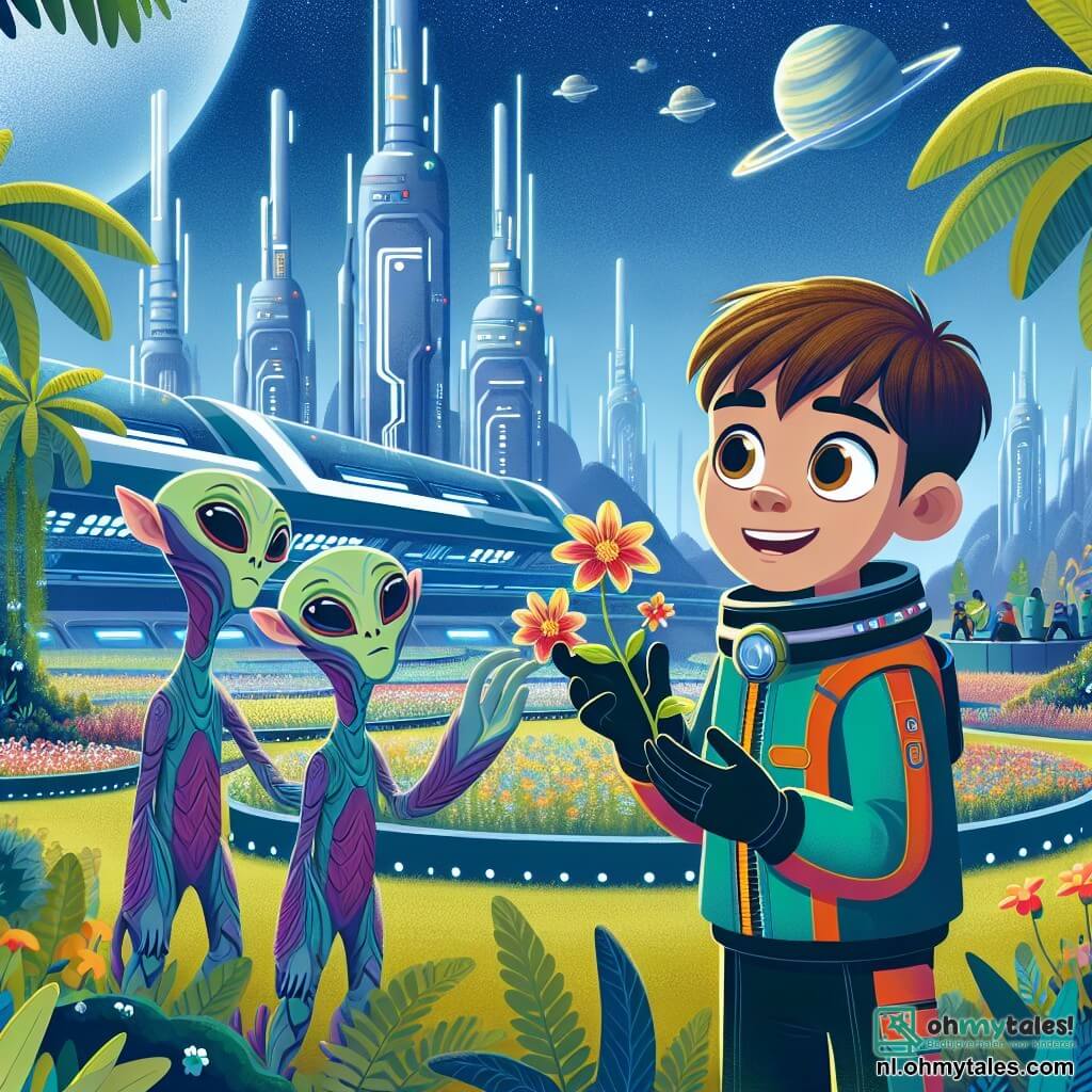 Une illustration sous forme de dessin destinée aux enfants représentant un vaste paysage futuriste de la Ruimteverkenningsbasis, avec un garçon de 11 ans aux cheveux bruns et aux yeux pétillants, vêtu d'une combinaison spatiale colorée, qui sourit en montrant une fleur extraterrestre à deux Zyltrax, des extraterrestres gracieux avec une peau vert-pourpre et de grands yeux curieux, tandis qu'ils explorent ensemble les jardins luxuriants de la base, symbolisant leur amitié naissante et leur soif de découverte dans un monde rempli de merveilles.