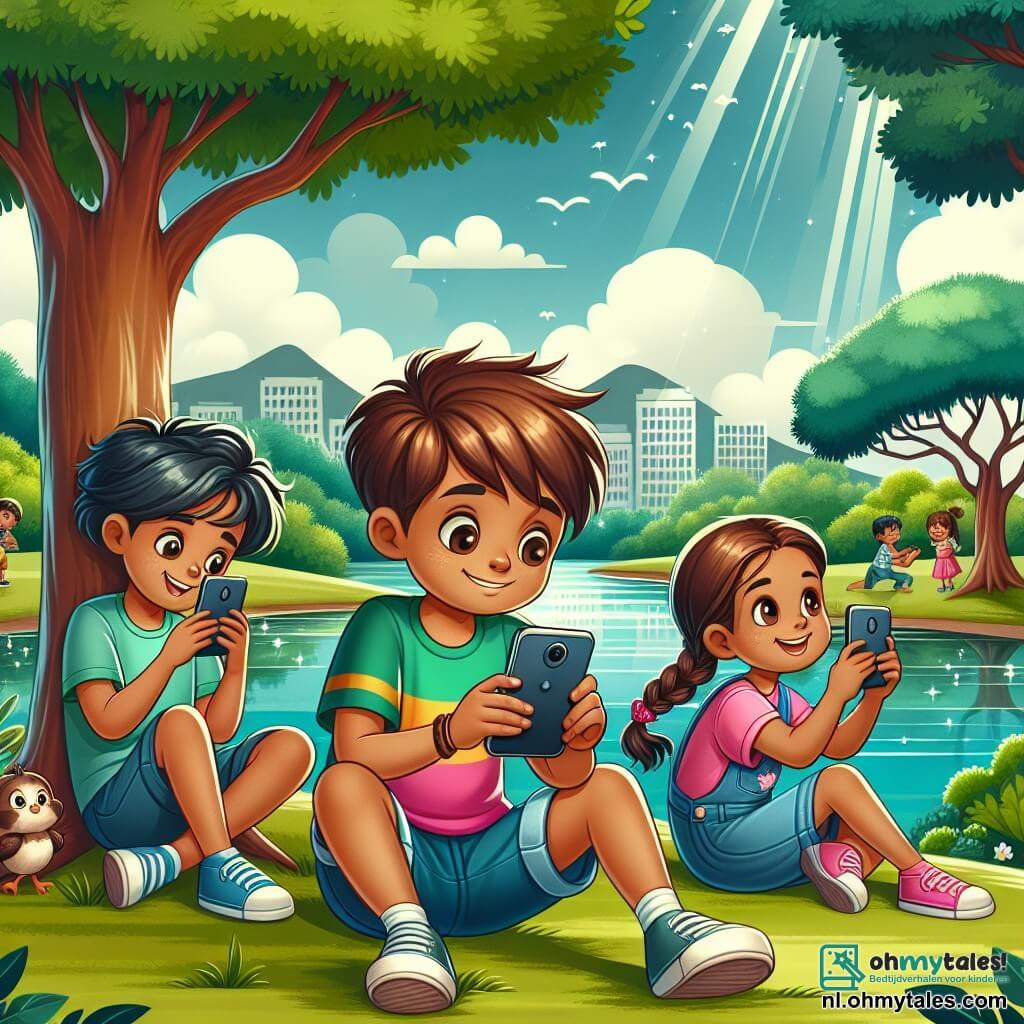 Une illustration sous forme de dessin destinée aux enfants représentant un paisible parc verdoyant avec des arbres majestueux et une rivière scintillante en arrière-plan, où un garçon de 11 ans aux cheveux bruns en bataille, portant un t-shirt coloré et un short, est assis sur l'herbe, absorbé par son smartphone, tandis qu'à côté de lui, deux filles aux cheveux longs, l'une avec des tresses et l'autre avec une queue de cheval, discutent joyeusement et prennent des photos de la nature, illustrant ainsi le contraste entre le monde numérique et la beauté du monde réel.