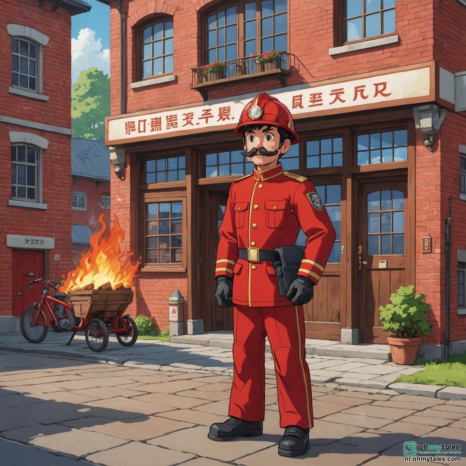 Une illustration destinée aux enfants représentant un courageux homme en uniforme rouge, avec un casque brillant et une grande moustache, se tenant fièrement devant une imposante caserne de pompiers aux murs en briques rouges, ornée de grandes fenêtres et d'une grande porte en bois, alors qu'il se prépare à sauver la journée en éteignant un incendie dans la boulangerie du village, où un groupe de jeunes enfants, une fille aux boucles dorées et un garçon aux yeux pétillants, l'observe avec admiration et excitation, rêvant de devenir eux aussi des héros du feu.