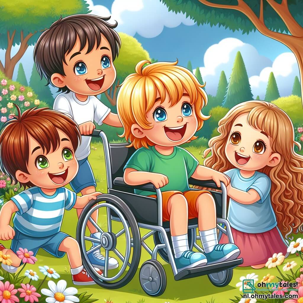 Une illustration sous forme de dessin destinée aux enfants représentant un groupe de quatre enfants de 9 ans, deux garçons aux cheveux châtains et aux yeux pétillants, l'un en train de pousser une chaise roulante, tandis que le troisième garçon, aux cheveux blonds et bouclés, raconte une histoire avec enthousiasme, et une fille aux cheveux longs et bruns, souriante, qui les écoute attentivement, tous réunis dans un parc verdoyant avec des arbres en fleurs et un ciel bleu, illustrant leur amitié et leur soutien mutuel face à la maladie, avec une ambiance joyeuse et pleine d'espoir.