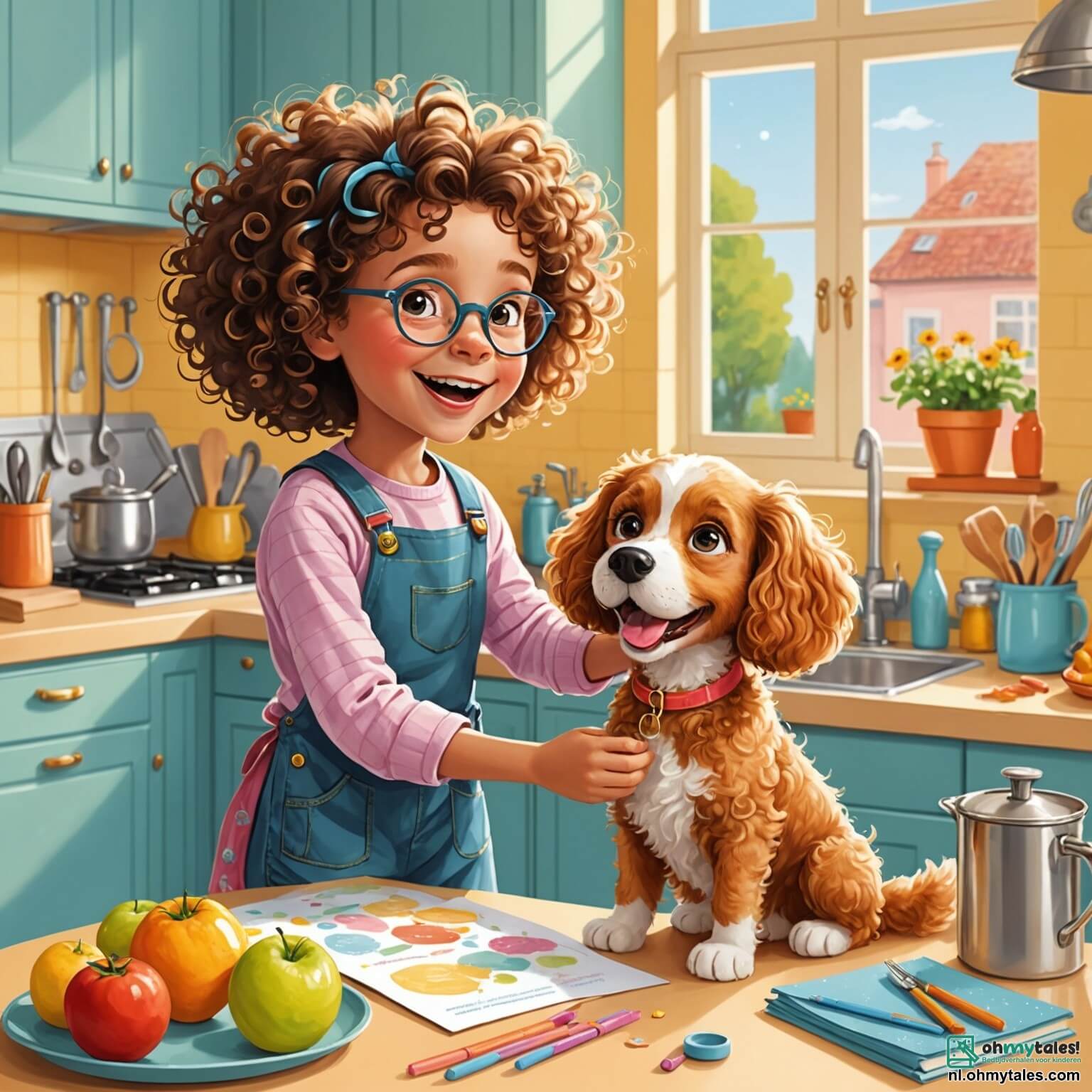Une illustration destinée aux enfants représentant une petite fille aux cheveux bouclés et aux yeux pétillants, pleine d'enthousiasme et de créativité, qui se trouve dans une cuisine ensoleillée aux murs pastel ornés de dessins colorés, où elle s'affaire joyeusement à préparer une surprise pour la fête des mères avec l'aide de son fidèle chien au pelage doré, tandis que son ami, un garçon curieux aux lunettes rondes, l'encourage à créer un bouquet de fleurs éclatantes et à cuire des biscuits au chocolat, tout en imaginant le sourire radieux de sa maman lorsqu'elle découvrira leurs délicates attentions.