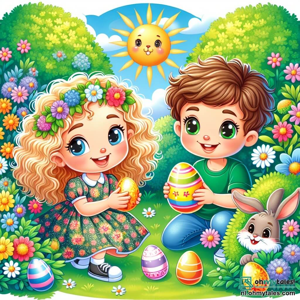 Une illustration sous forme de dessin destinée aux enfants représentant une belle jardin ensoleillé rempli de fleurs colorées et d'arbres verdoyants, où une fille de 7 ans aux cheveux bouclés et dorés, portant une robe à motifs floraux, est accroupie avec un grand sourire, tenant un œuf de Pâques brillant dans ses mains, tandis qu'à côté d'elle, un garçon aux cheveux bruns et aux yeux pétillants, vêtu d'un t-shirt vert, cherche des œufs cachés derrière un buisson, et un petit lapin aux grandes oreilles et au pelage doux les observe avec curiosité, le tout illustrant leur joyeuse chasse aux œufs de Pâques.