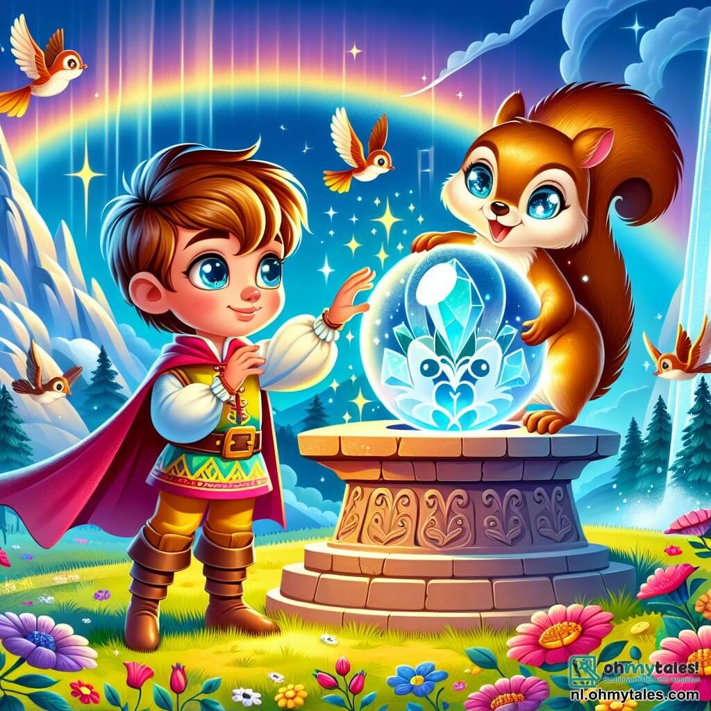 Une illustration sous forme de dessin destinée aux enfants représentant une scène magique au sommet d'une montagne majestueuse, où un jeune homme aux cheveux châtain et aux yeux brillants, vêtu d'une tunique colorée, touche une grande boule de cristal lumineuse sur un piédestal, tandis qu'à ses côtés, une petite écureuil espiègle aux yeux pétillants et à la queue touffue observe avec émerveillement, le tout baigné dans une lumière éclatante qui symbolise le retour de la magie dans le royaume, avec des fleurs colorées et des oiseaux chantants entourant la scène.