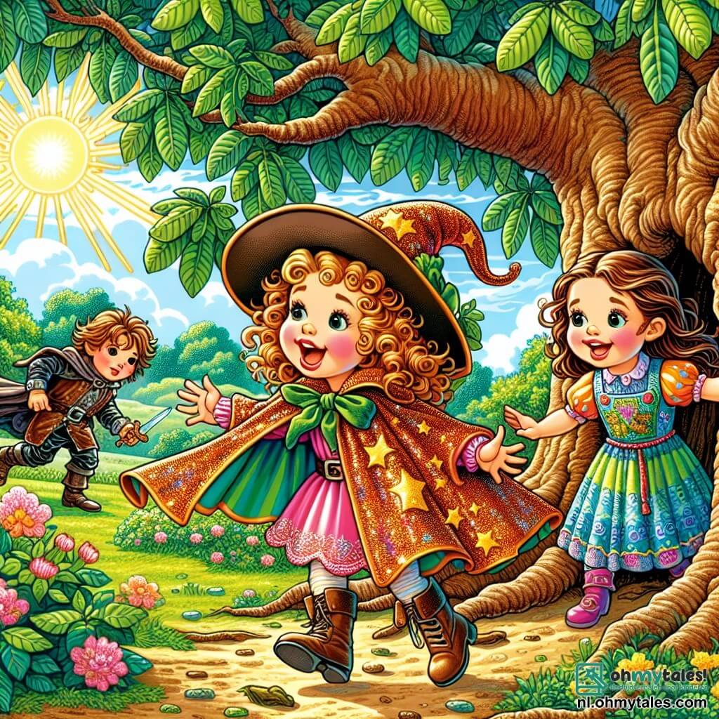 Une illustration sous forme de dessin destinée aux enfants représentant une vaste et colorée jardin ensoleillé, avec une petite fille de 7 ans aux cheveux bouclés et blonds, portant une cape scintillante et un grand chapeau d'aventurière, qui explore avec enthousiasme une vieille châtaignier, tandis qu'à ses côtés, une amie aux cheveux bruns et lisses, vêtue d'une robe colorée, fait semblant de combattre des dragons imaginaires, illustrant leur quête joyeuse pour découvrir une mystérieuse cachette remplie de trésors d'amitié et de magie.