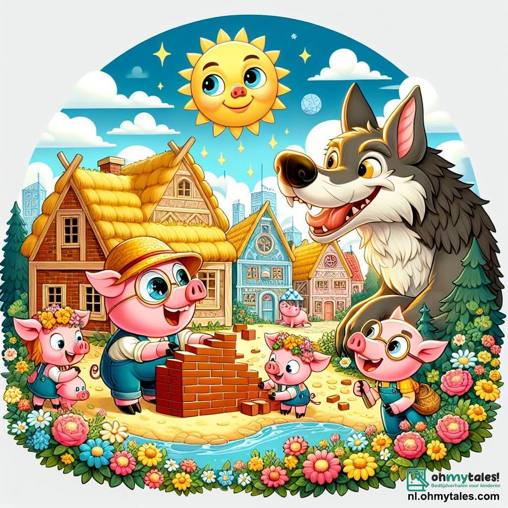 Une illustration sous forme de dessin destinée aux enfants représentant un charmant village ensoleillé de Varkensland, avec des maisons colorées entourées de fleurs éclatantes, où un petit cochon rose, aux yeux pétillants et portant un chapeau de paille, construit avec détermination une maison en briques, tandis que deux autres petits cochons, l'un avec des lunettes et un tablier, et l'autre avec une couronne de fleurs, l'encouragent joyeusement à côté d'un grand loup aux yeux malicieux, qui observe la scène avec un air intrigué, illustrant ainsi le moment où les cochons s'unissent pour se défendre contre le loup.