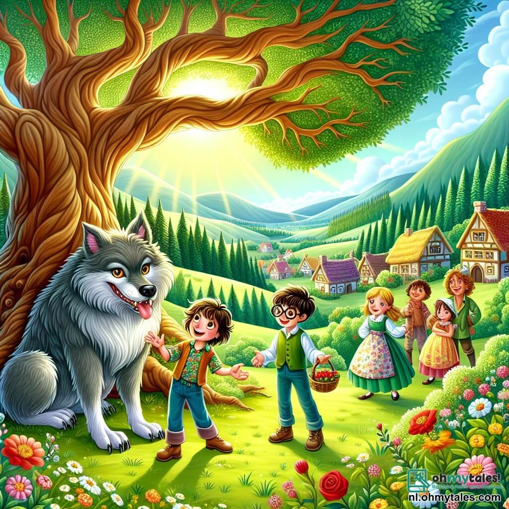 Illustratie van een levendige scène in een zonnig dorp, omringd door groene heuvels en kleurrijke bloemen. In het midden staat een grote majestueuze boom met uitgestrekte takken, waaronder een grijze, zachte wolf met grote expressieve ogen en een vriendelijke glimlach, die laat zien dat hij het monster niet is dat iedereen vreest. Naast hem staat een jongen van ongeveer 10 jaar met rommelig bruin haar en een kleurrijk T-shirt, vastberaden, die zijn hand naar de wolf uitsteekt alsof hij hem uitnodigt om zich bij hen te voegen. Dichtbij staat een meisje van ongeveer 9 jaar met lang blond haar en een bloemenjurk, dat vrolijk glimlacht, terwijl een andere jongen van 10 jaar met ronde bril en een nieuwsgierige blik de scène met verwondering observeert. Op de achtergrond komen dorpsbewoners, aanvankelijk aarzelend, dichterbij, geïntrigeerd en nieuwsgierig, sommigen met voedselmanden, klaar om een moment van gezelligheid te delen. De sfeer is warm en uitnodigend, met zonnestralen die door de bladeren filteren, wat een magische en vriendschappelijke ambiance creëert.