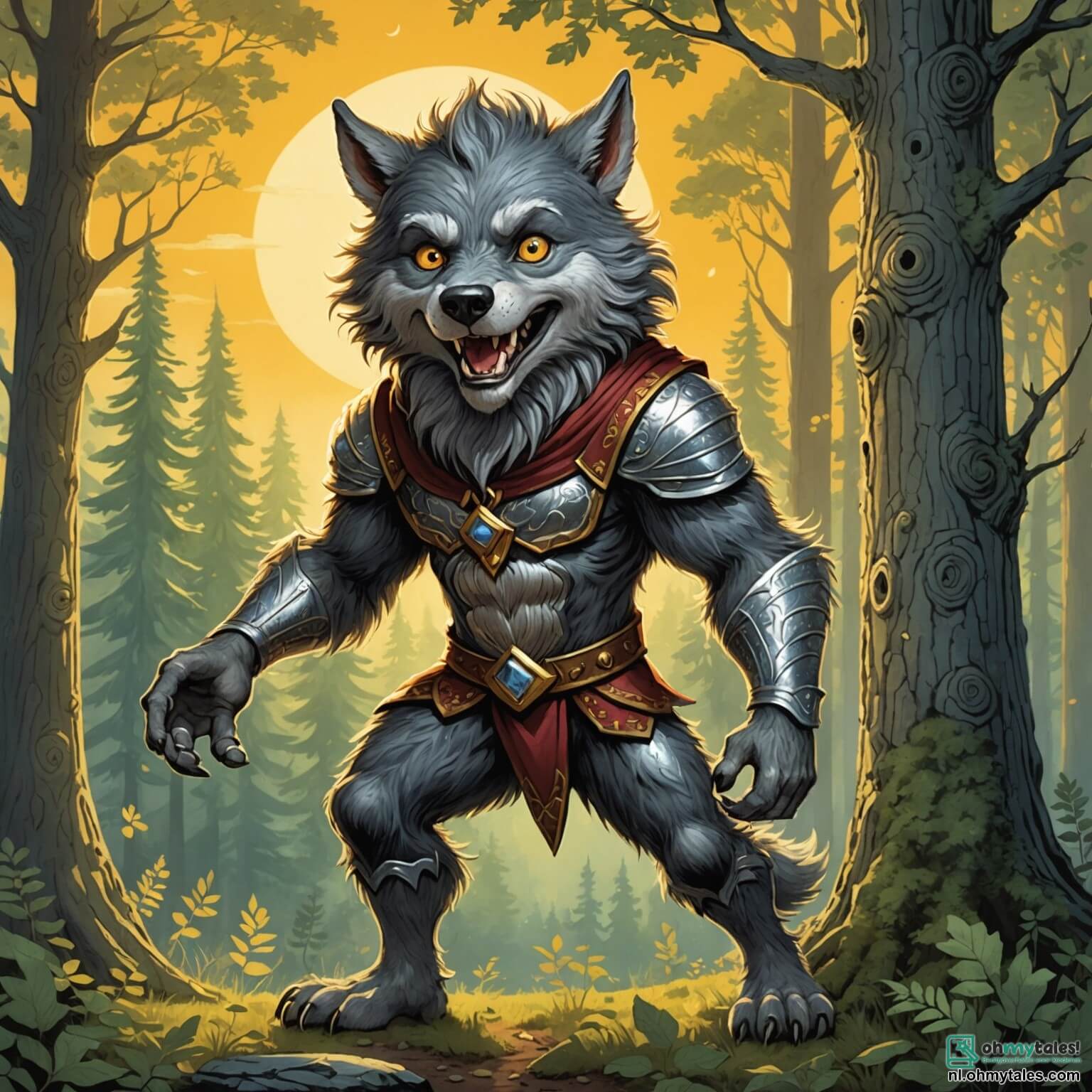 Une illustration destinée aux enfants représentant un loup-garou espiègle, avec une fourrure d'un gris chatoyant et des yeux pétillants de malice, se tenant au bord d'une clairière enchantée dans un forêt magique, où les arbres aux troncs noueux s'élèvent vers le ciel comme des géants bienveillants, leurs feuilles scintillant sous les rayons dorés du soleil couchant, tandis qu'il s'apprête à organiser une grande fête pour ses nouveaux amis, une petite souris curieuse et une élan joyeuse, qui l'aident à préparer des friandises colorées et des guirlandes de fleurs éclatantes, tout en espérant que les autres créatures de la forêt, d'adorables écureuils aux queues touffues et des hiboux sages aux plumes douces, viendront célébrer avec eux cette belle journée d'amitié et de rires.