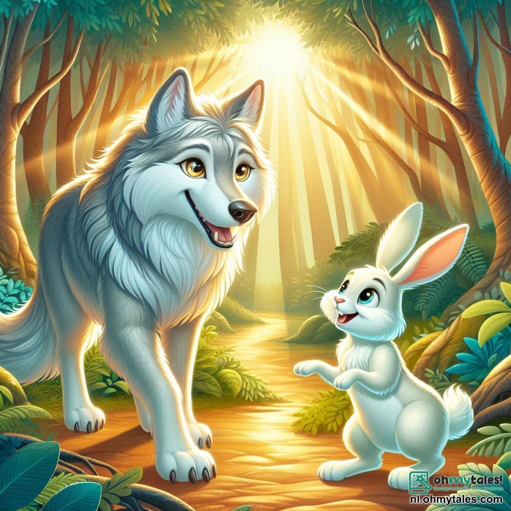 Une illustration sous forme de dessin destinée aux enfants représentant une forêt enchantée, baignée de lumière dorée à travers le feuillage dense, où un loup majestueux au pelage argenté et aux yeux brillants, souriant avec bienveillance, se tient aux côtés d'un petit lapin blanc aux grandes oreilles, qui semble joyeux et rassuré, alors qu'ils s'apprêtent à explorer ensemble un sentier mystérieux, symbolisant leur amitié naissante et leur quête pour retrouver la famille du lapin.