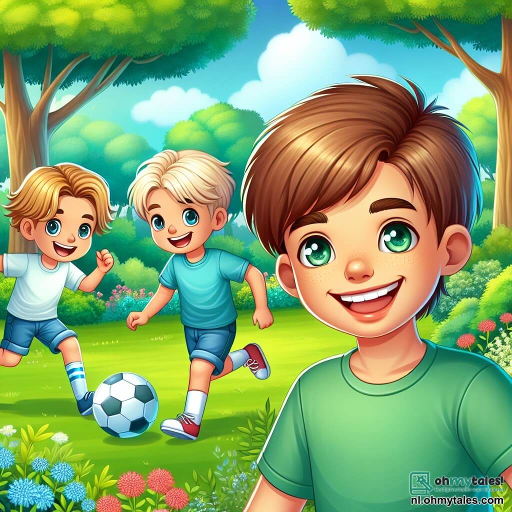 Une illustration sous forme de dessin destinée aux enfants représentant un parc verdoyant en été, avec un garçon de 9 ans aux cheveux châtain clair et aux yeux pétillants, souriant joyeusement alors qu'il joue au football avec deux autres garçons, l'un aux cheveux blonds et l'autre aux cheveux bruns, tous trois riant et s'amusant ensemble, symbolisant l'amitié naissante et les aventures partagées, avec des arbres majestueux et des fleurs colorées en arrière-plan.