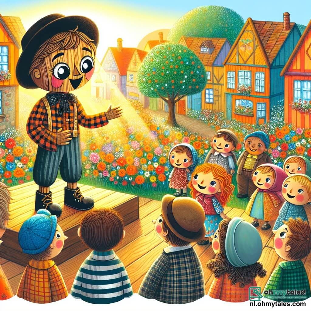Une illustration sous forme de dessin destinée aux enfants représentant un charmant village ensoleillé avec des maisons colorées et des fleurs éclatantes, où un jeune garçon en bois avec une grande tête ronde et des yeux pétillants, vêtu d'une chemise à carreaux et d'un pantalon bleu, se tient sur une scène en bois, racontant une histoire captivante à un groupe d'enfants joyeux, dont une petite fille aux cheveux bouclés et une casquette, qui l'écoutent attentivement, tandis que des adultes souriants les entourent, créant une atmosphère de magie et de camaraderie, illustrant le thème de l'égalité et de la poursuite des rêves.