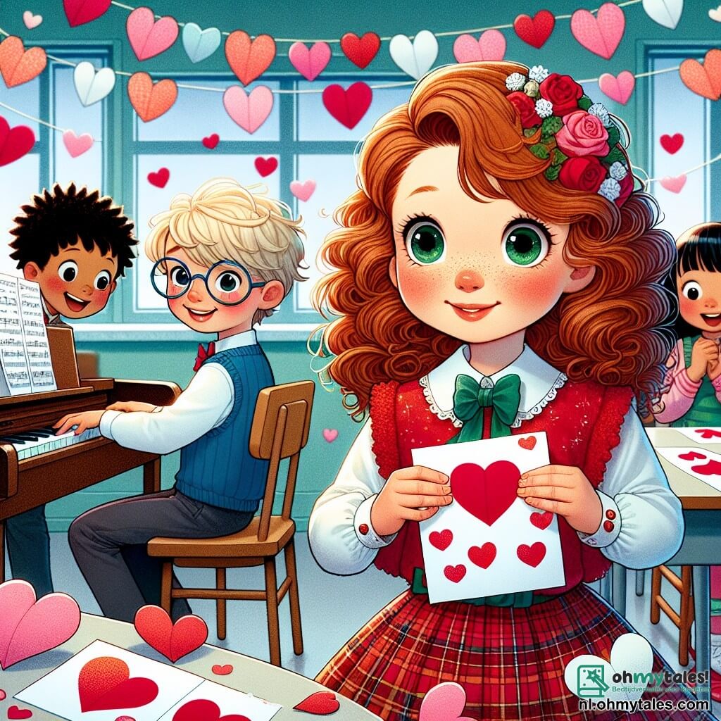 Une illustration sous forme de dessin destinée aux enfants représentant une salle de classe colorée décorée de cœurs en papier, où une fille de 11 ans avec des cheveux roux bouclés et des yeux verts, souriante, tient une carte de Saint-Valentin en regardant avec curiosité un garçon timide aux cheveux blonds et à lunettes qui joue du piano, tandis que leurs amis, une fille aux cheveux longs et noirs et un garçon avec des cheveux bruns, les observent avec enthousiasme, capturant le moment magique où l'amitié et l'amour naissant se rencontrent.
