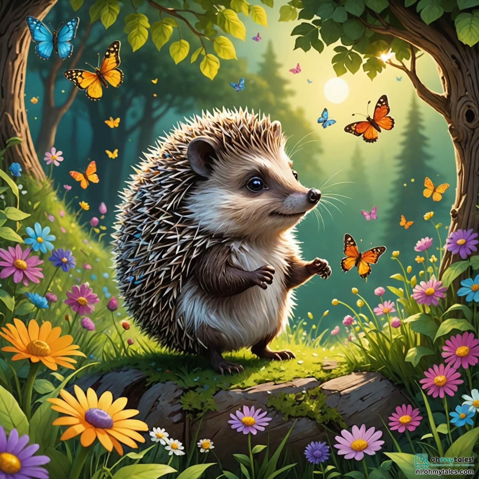 Une illustration destinée aux enfants représentant un petit hérisson aux piquants scintillants comme des étoiles, se tenant courageusement au sommet d'une colline verdoyante, entouré de fleurs éclatantes et de papillons dansants, tandis qu'il se prépare à partir à l'aventure avec son amie, une joyeuse lapine aux grandes oreilles, dans une forêt enchantée où les rayons du soleil filtrent à travers le feuillage des arbres majestueux, créant un jeu d'ombres et de lumières sur le sol tapissé de mousse douce et de feuilles dorées, tout en écoutant le doux murmure d'un ruisseau qui serpente à travers ce paysage féerique.