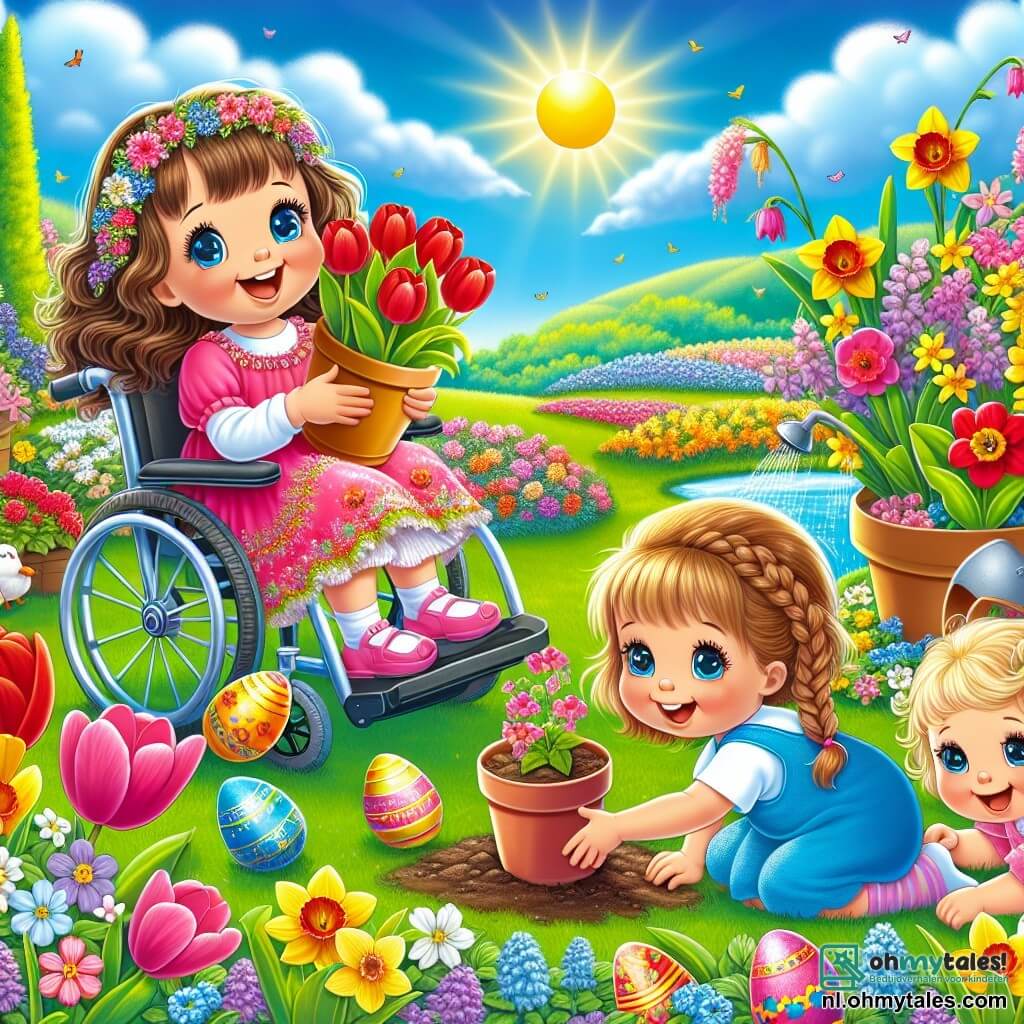 Illustratie van een bloeiende tuin in de lente, met kleurrijke bloemen: rode tulpen, gele narcissen en viooltjes. In het midden spelen drie meisjes vrolijk. Het eerste meisje, ongeveer 7 jaar oud, zit in een mooie rolstoel versierd met bloemen, met bruin haar en sprankelende ogen. Ze lacht terwijl ze zaadzakjes vasthoudt. Het tweede meisje, 6 jaar oud, heeft blonde vlechten en draagt een roze jurk. Ze knielt bij een bloempot en plant enthousiast zaadjes. Het derde meisje, ongeveer 5 jaar oud, heeft krullend haar en draagt een blauwe overall. Ze leunt voorover om de zaadjes water te geven met een klein gietertje. Op de achtergrond zijn kleurrijke paaseieren verstopt in het groene gras, en een stralende zon schijnt in een heldere blauwe lucht, wat een vrolijke en lentachtige sfeer aan de scène toevoegt.